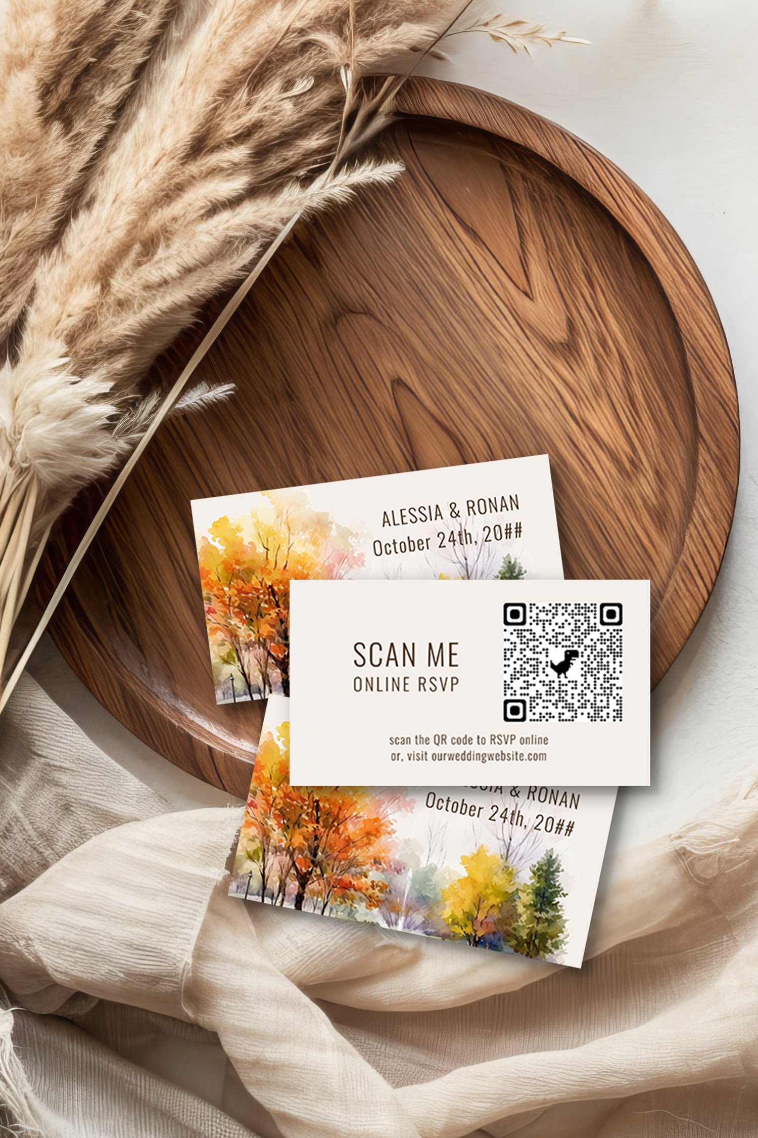 wedding website cards with qr code and fall watercolor illustration of autumn parkland trees