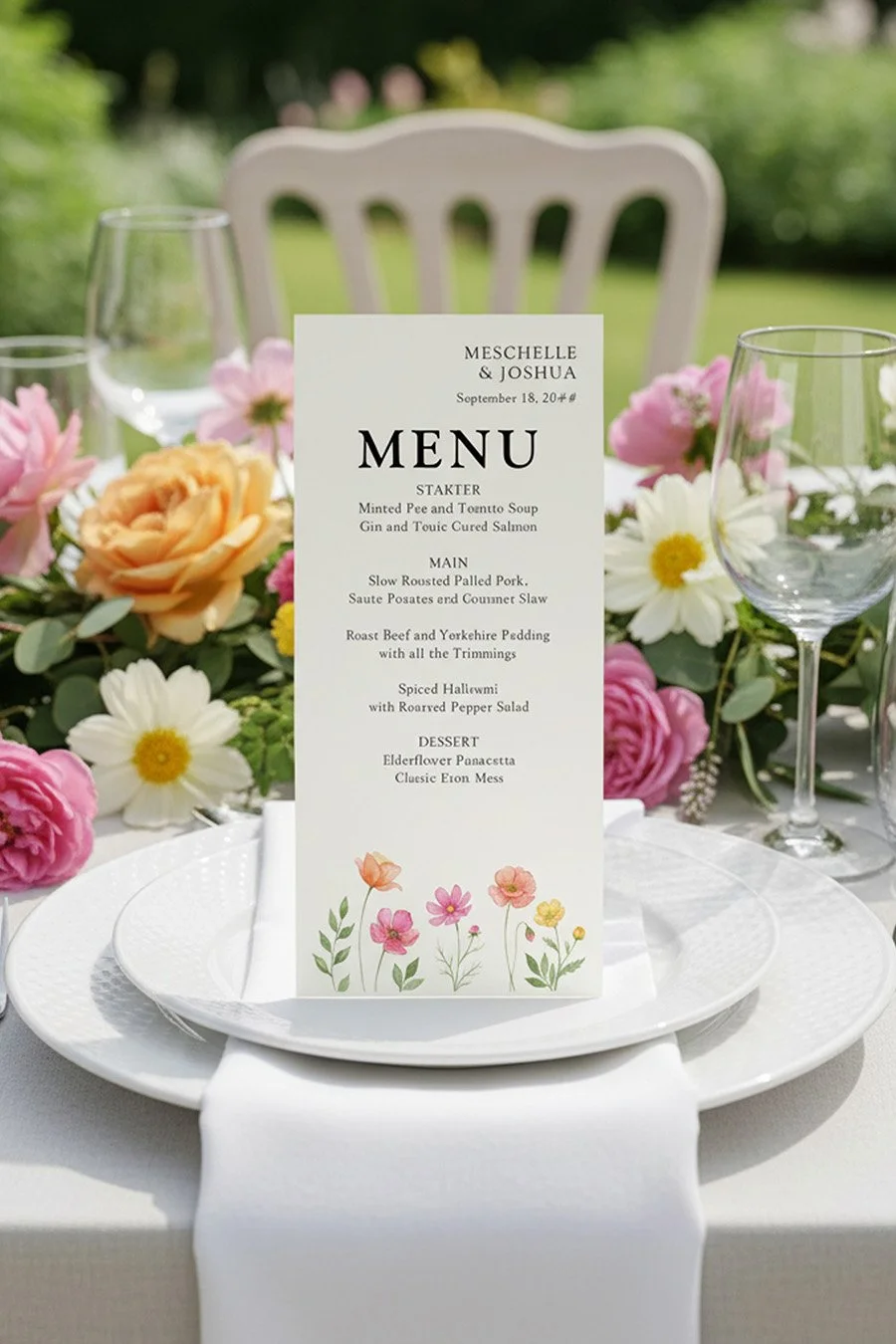 Wildflower bloom custom wedding menu on a garden wedding table