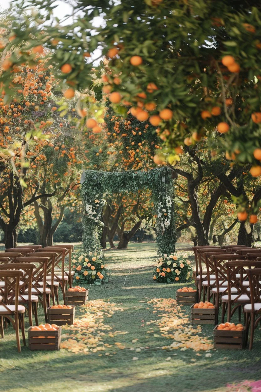 A romantic wedding ceremony set in a lush orange grove.