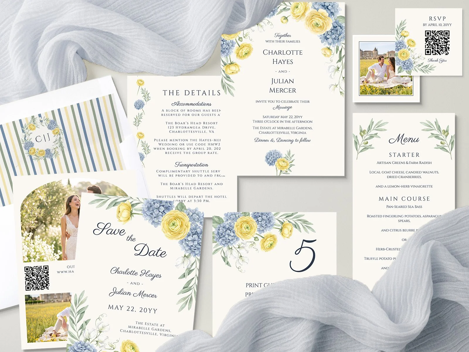 Wedding invitations and stationery from the French Country Garden wedding collection by Darling & May