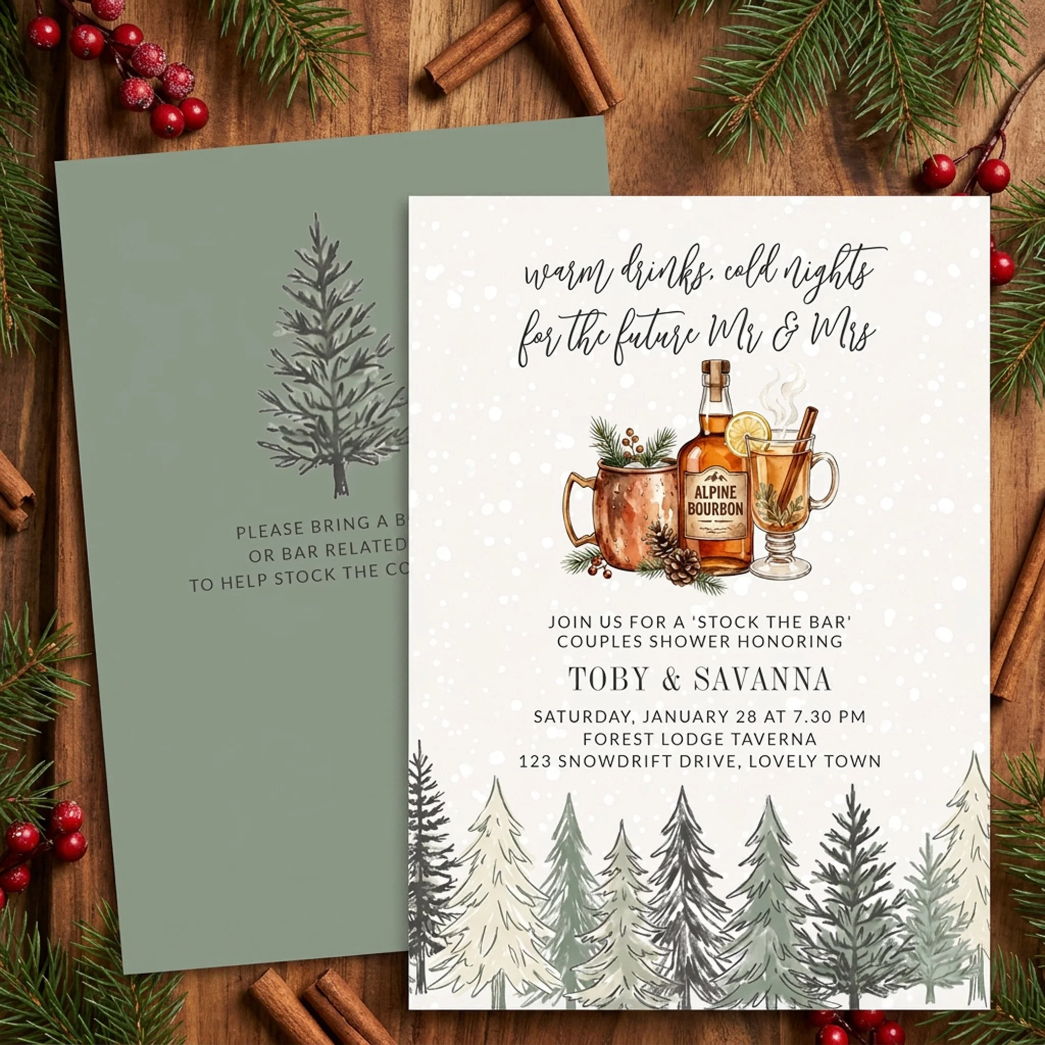 Winter wedding shower invitation for the future mr and mrs with watercolor design of nordic snowy forest and warm drinks including beer, hot toddy and moscow mule in copper mug