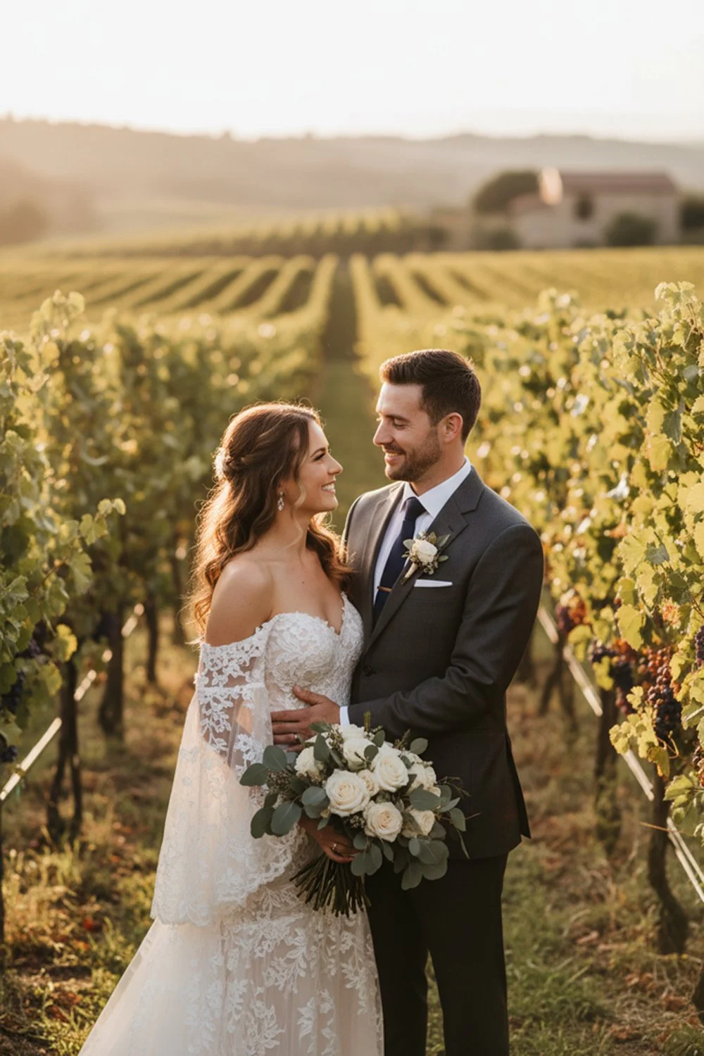 A bride and groom captured in a golden hour photo session among vineyard rows.