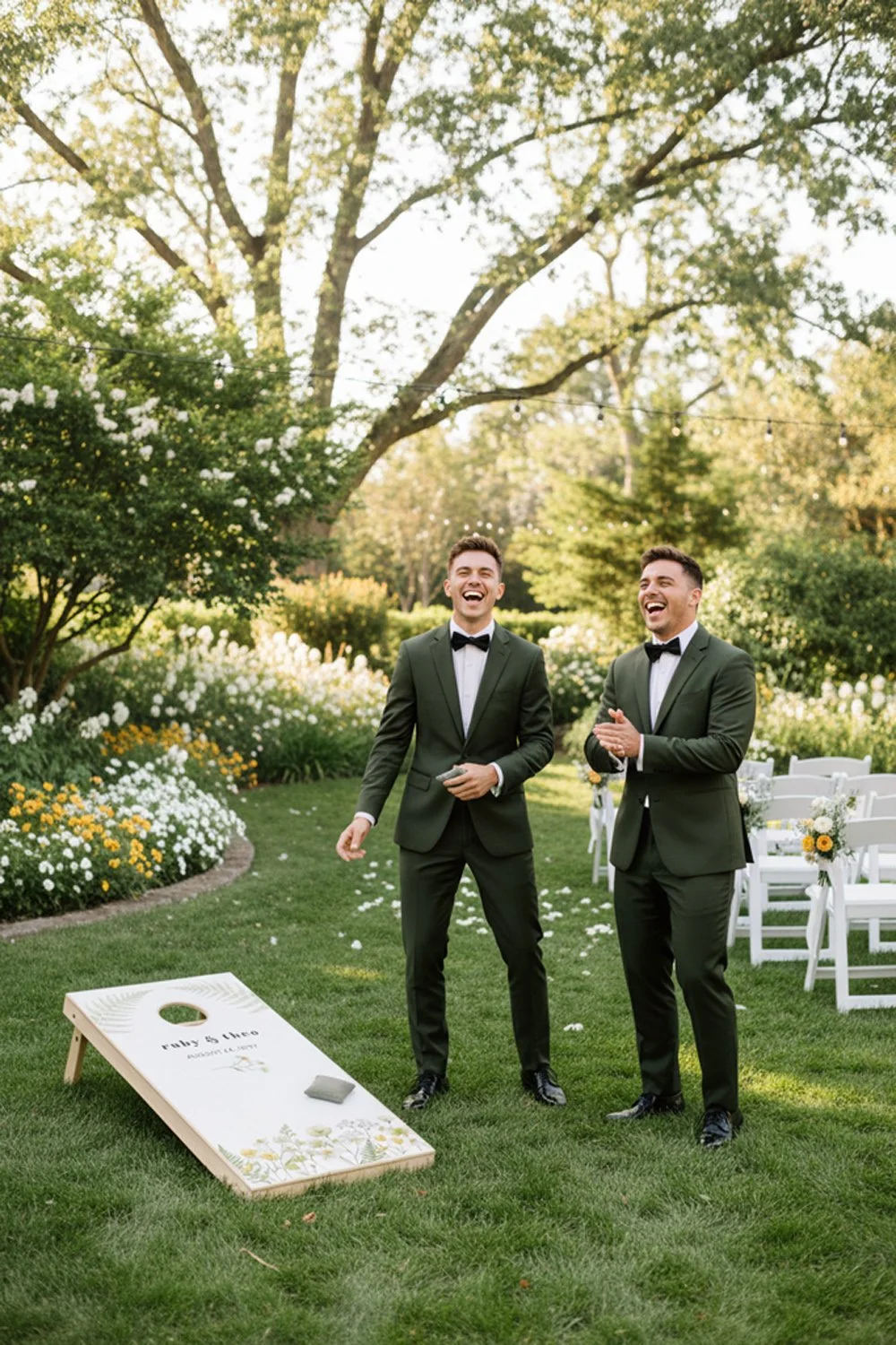 The groomsmen in their dark green suits laughing over a game of cornhole.