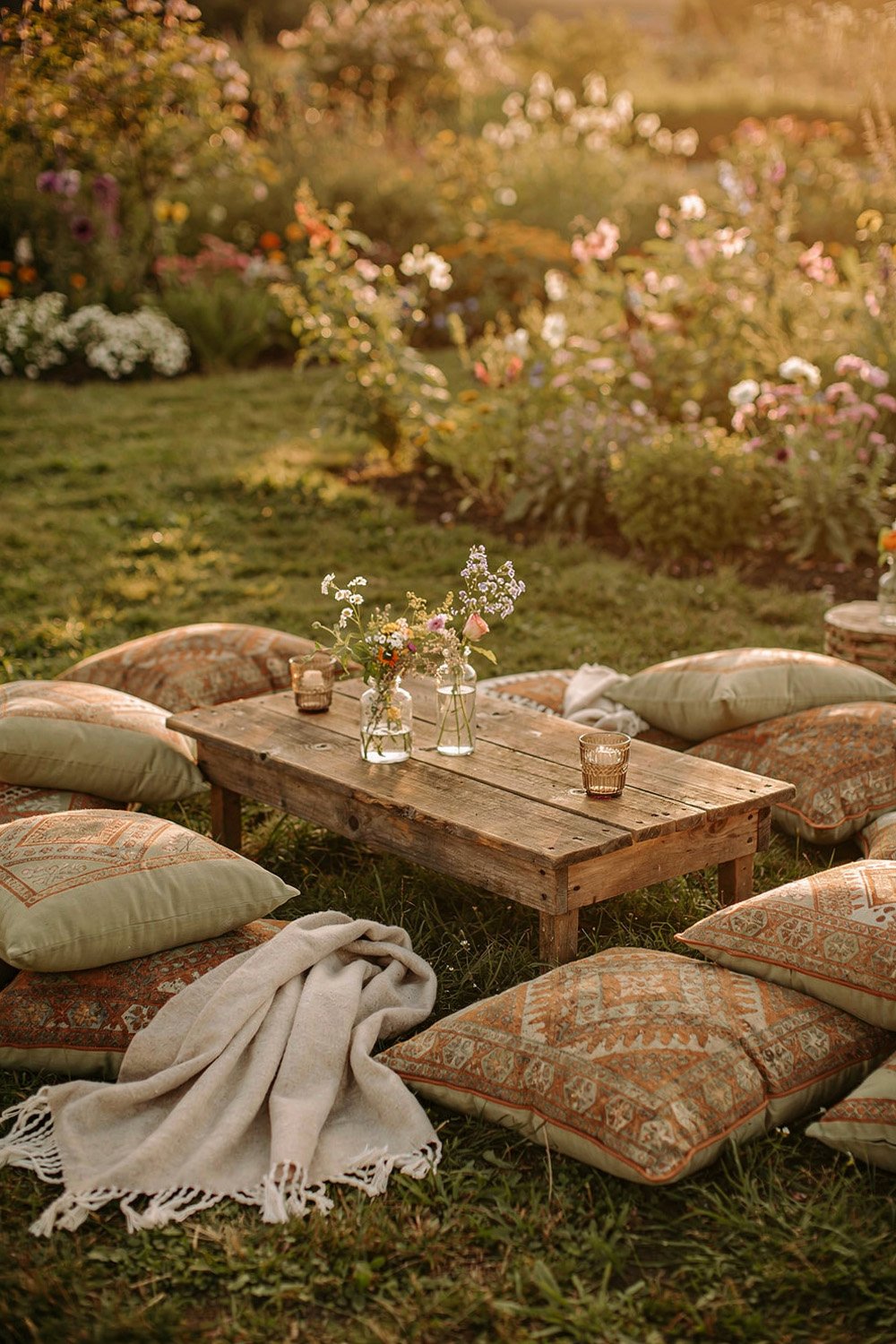 Outdoor lounge area with oversized floor cushions and low table.