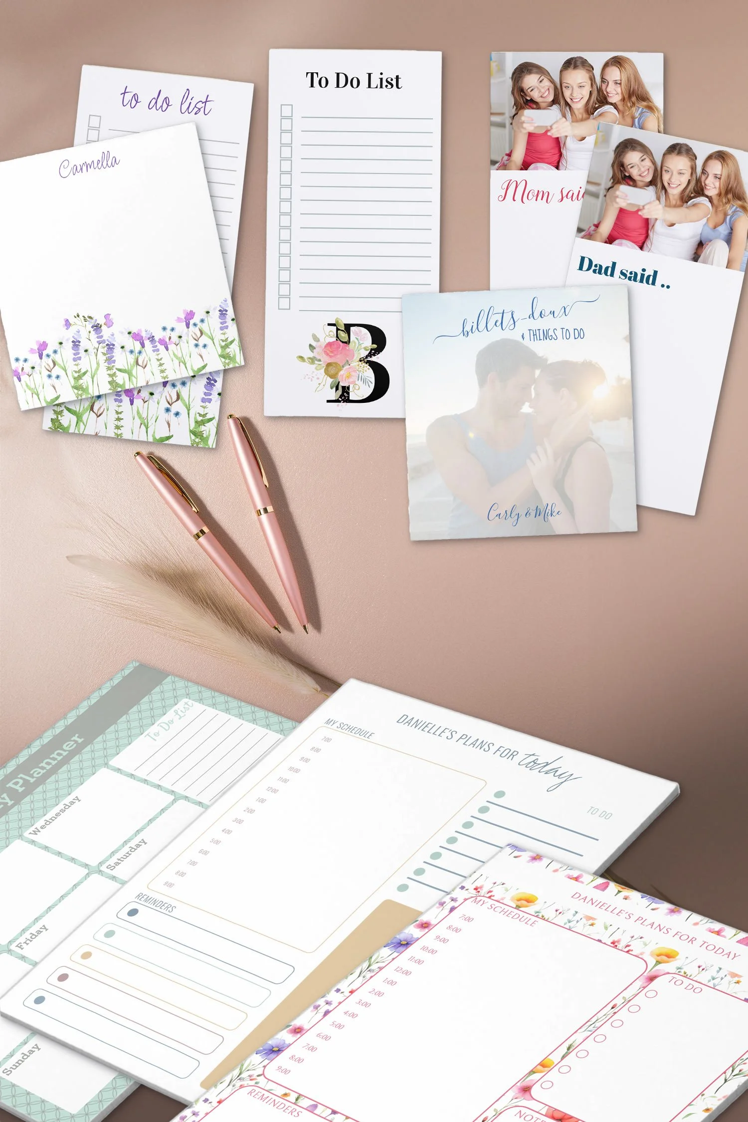 Product photo collage of personalized designer to do lists, note pads, daily planners and weekly planners