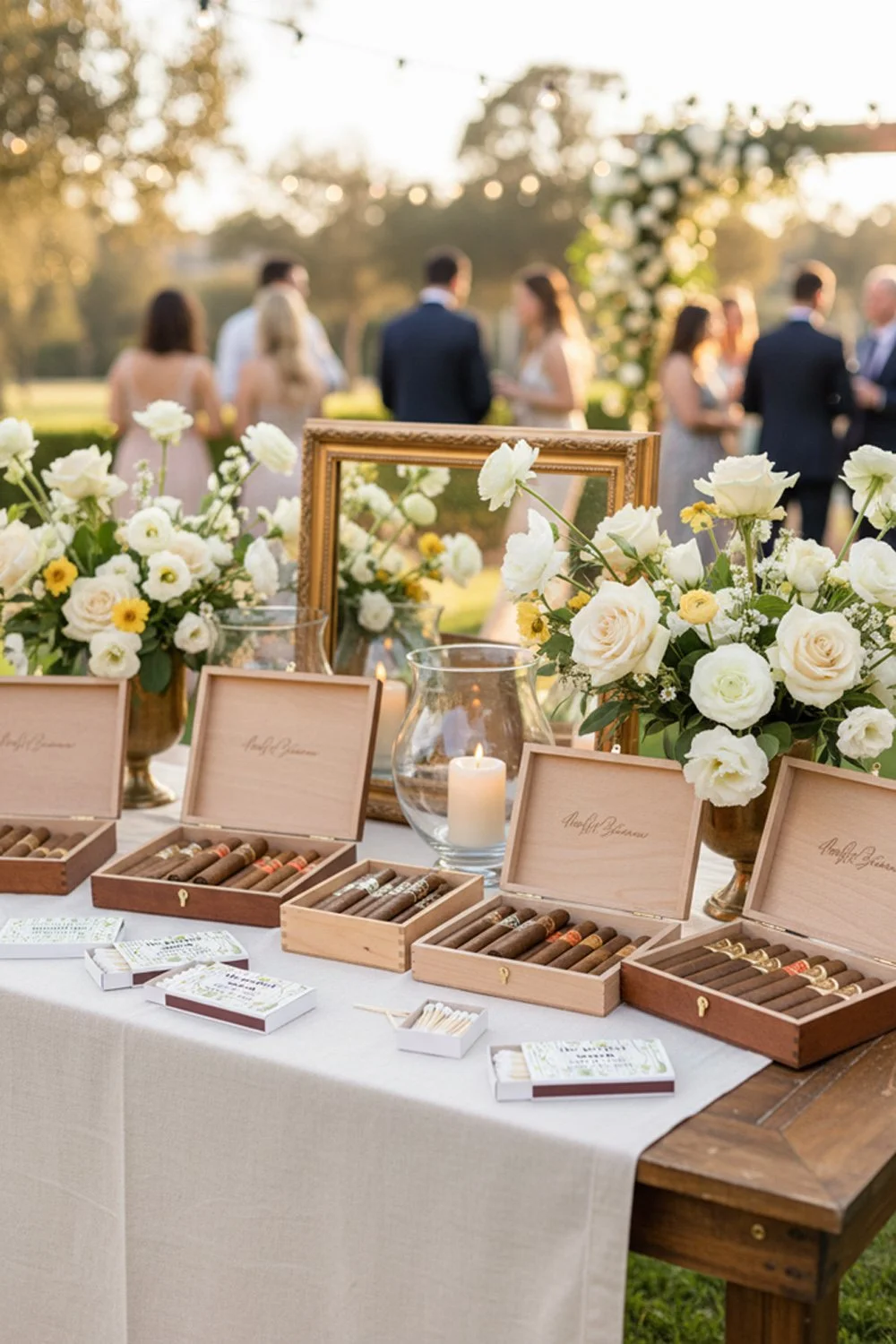 Cigar bar table with matchboxes printed with citrus green wildflower pattern and personalized with the bride and groom names and wedding date.