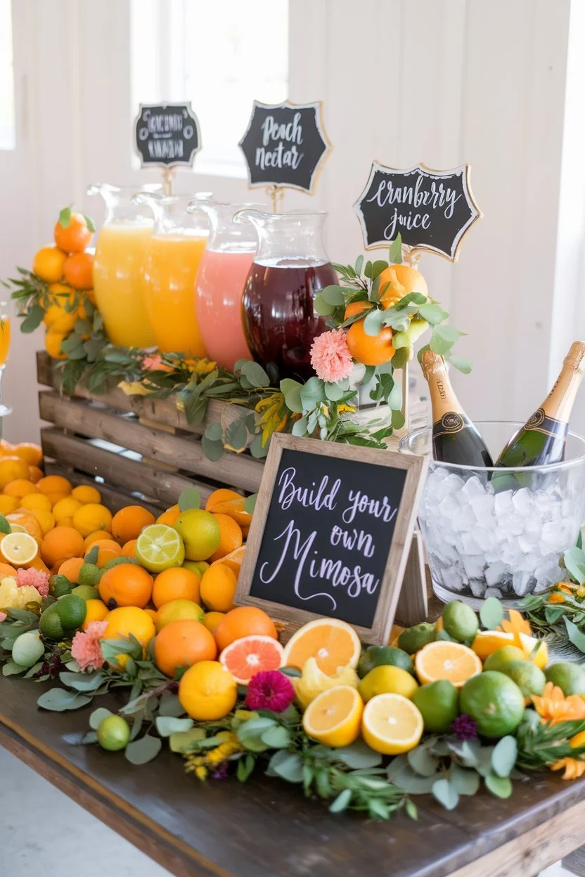A bright and cheerful mimosa bar at a wedding brunch, featuring a rustic wooden table adorned with vibrant citrus decor..
