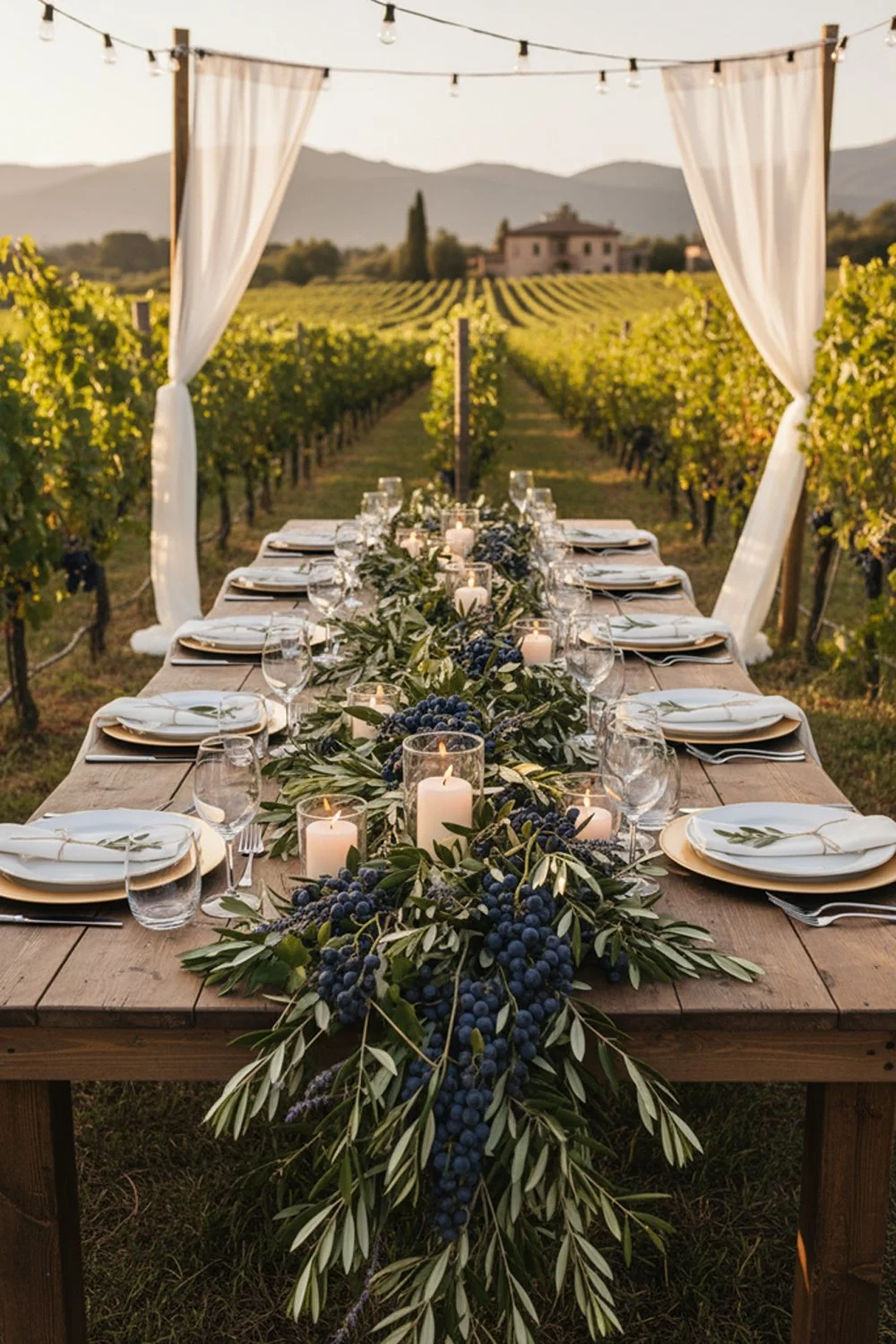 Vineyard wedding banquet table with olive leaf runner and purple grape accents.