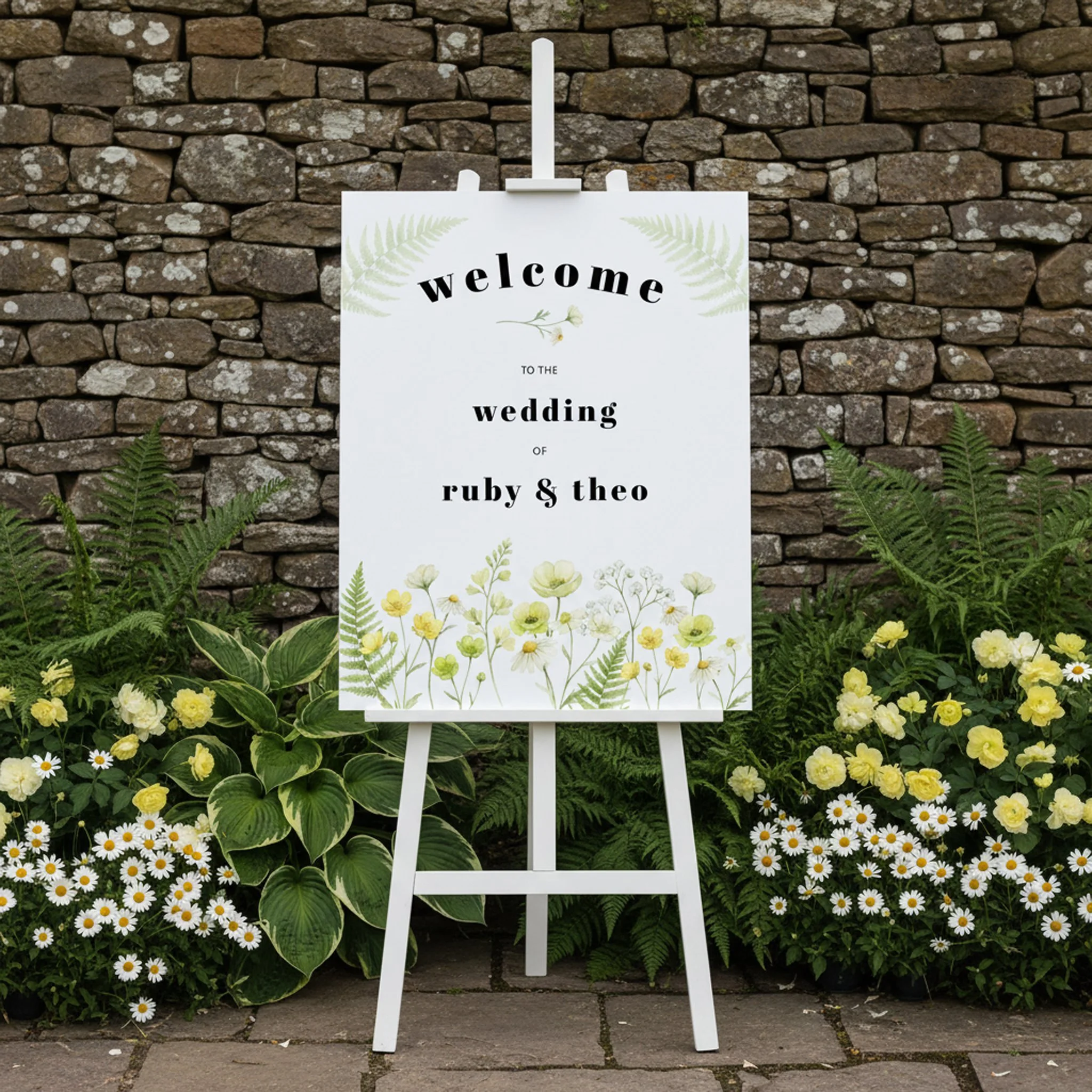 Wedding welcome board, shown on an easel