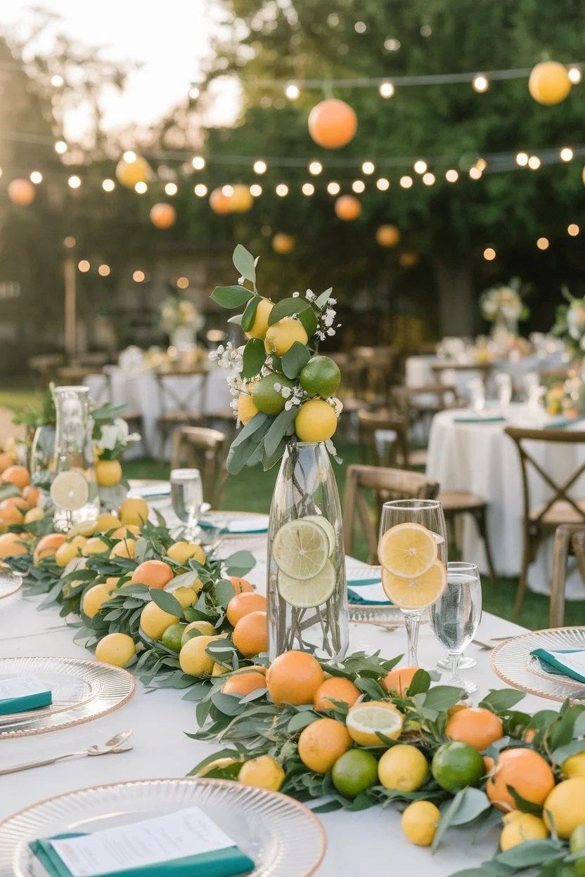 A lively wedding reception featuring citrus-inspired decor.