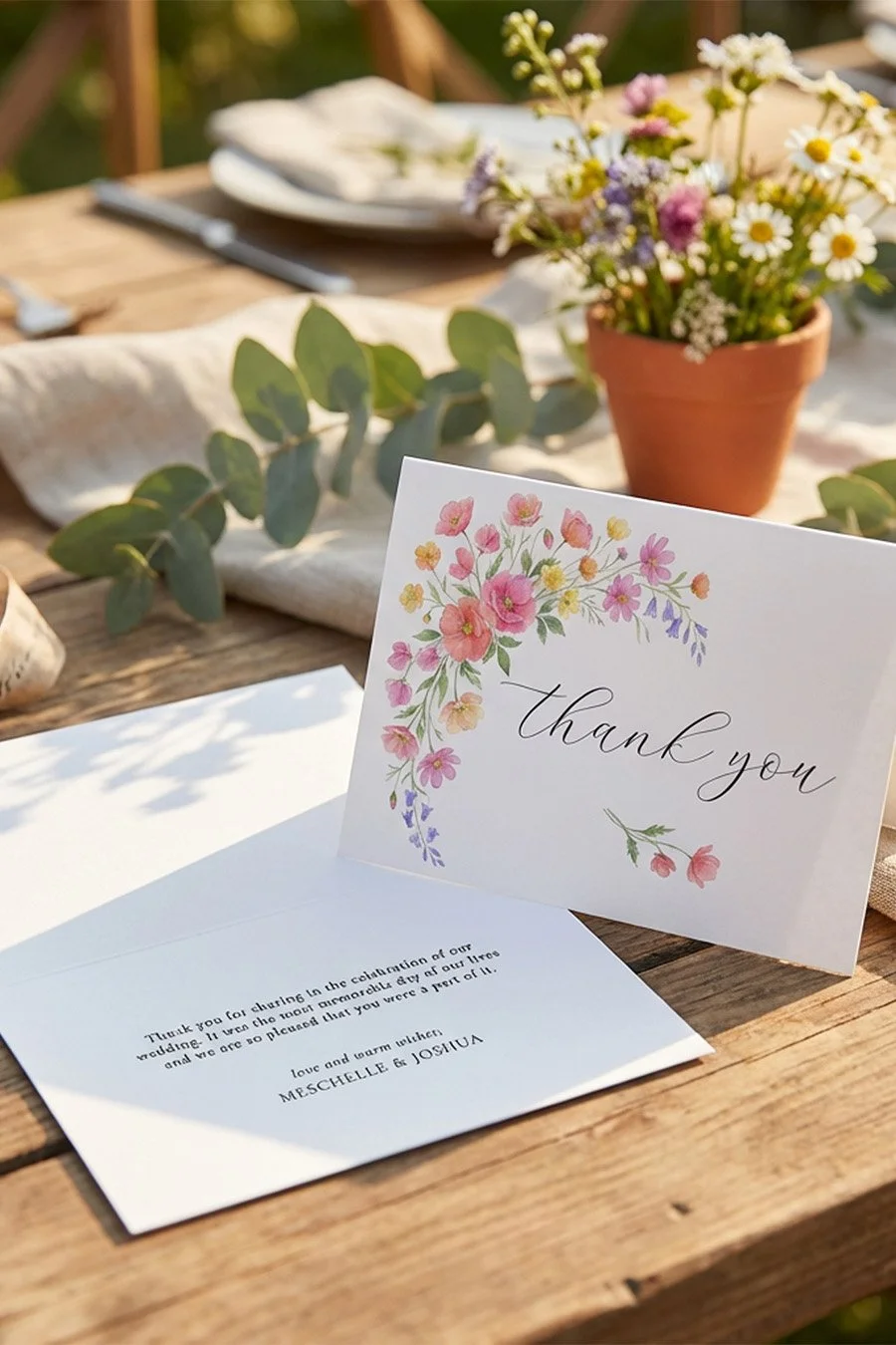 Wildflower bloom folded thank you card with personalized message printed inside