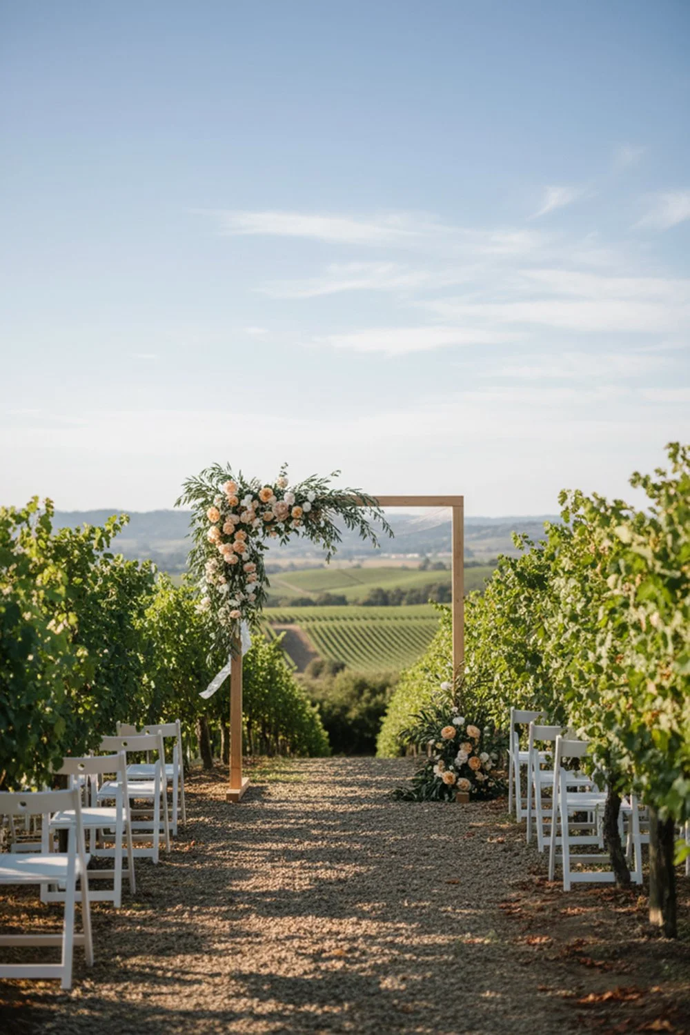 Outdoor vineyard ceremony arch decorated with sage and peach florals.