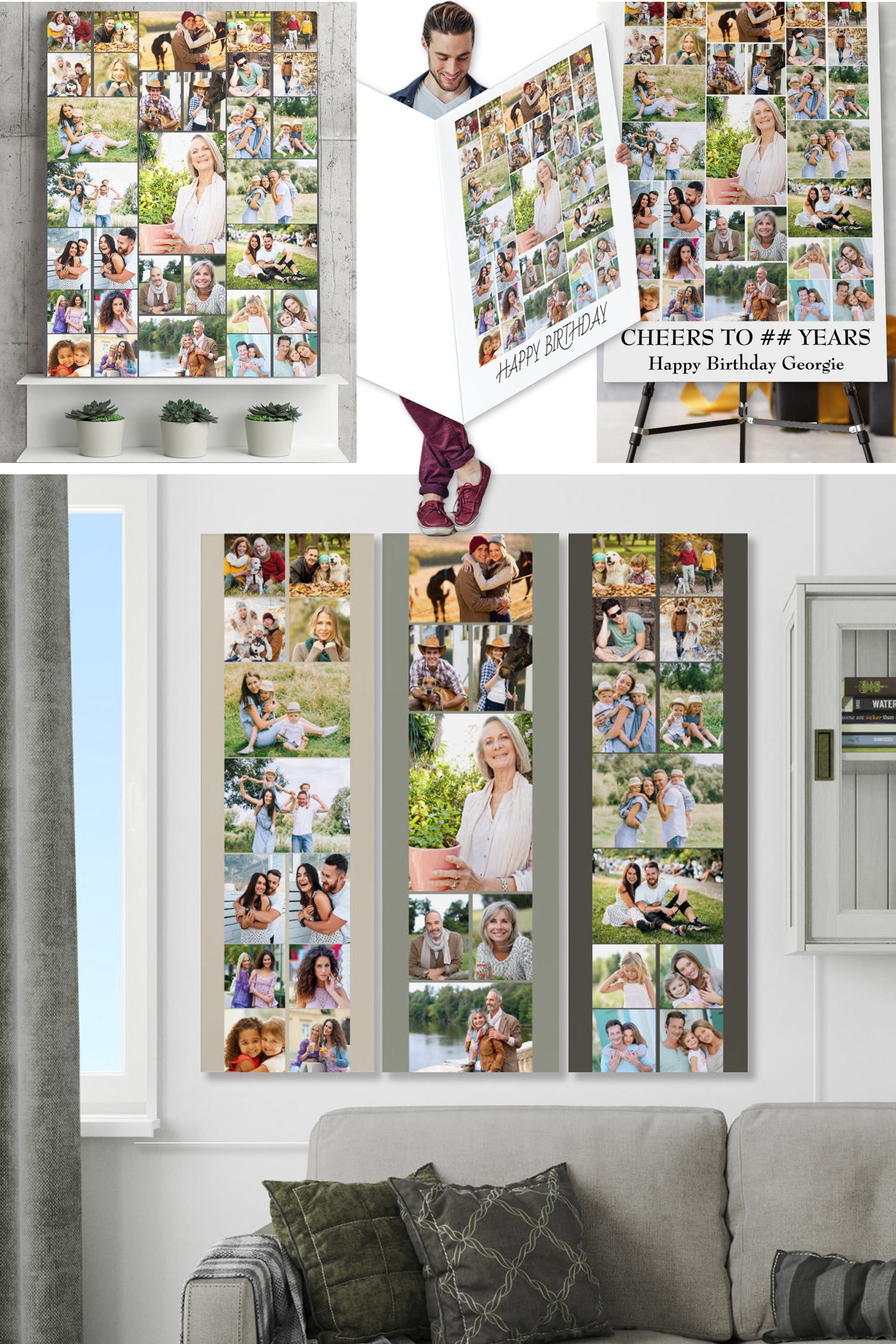 Product photo collage showing giant birthday card, wall art and birthday welcome sign personalized with multi picture photo collages.