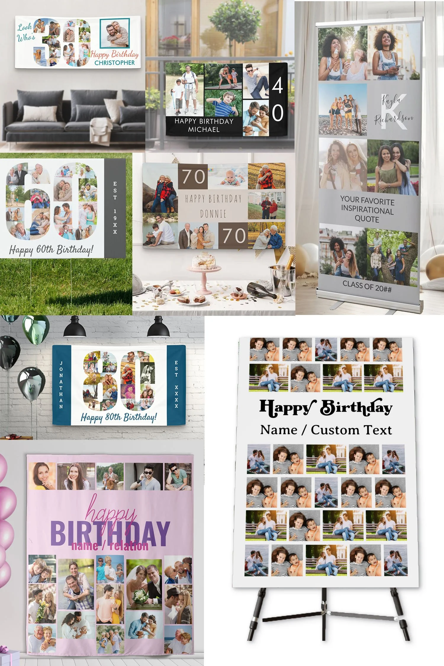 a product collage of signs and banners for birthday and graduation celebrations
