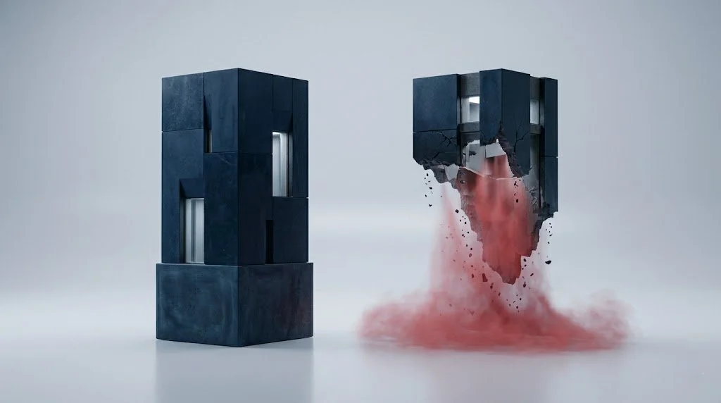 Two architectural structures contrasted: one intact in navy, one partially eroded with red dispersal, illustrating the Churn Tax framework applied to SaaS companies.