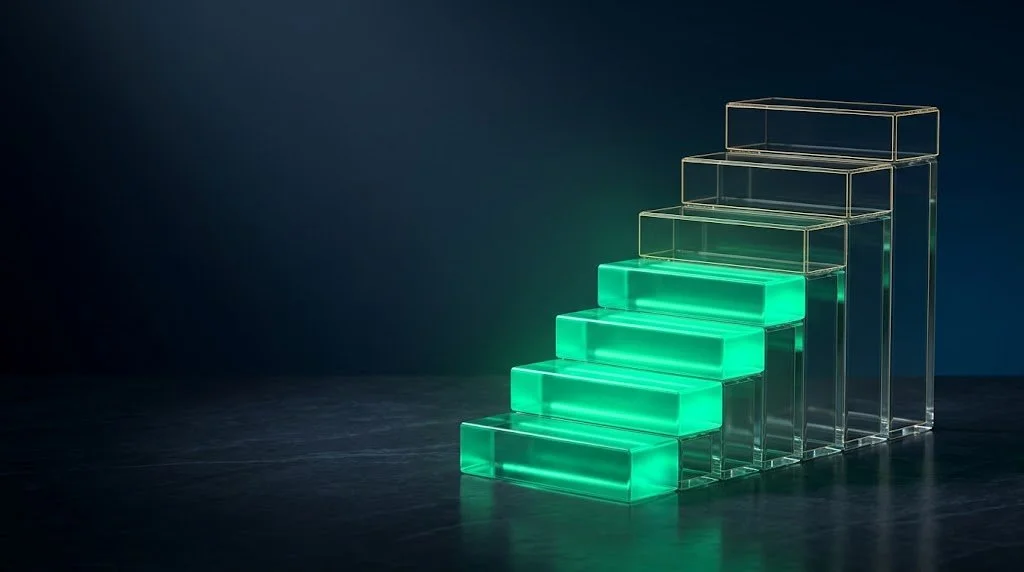 A staircase of glass blocks with the lower steps glowing green and the upper steps empty and outlined in gold, representing expansion revenue ready to claim but left unclaimed.