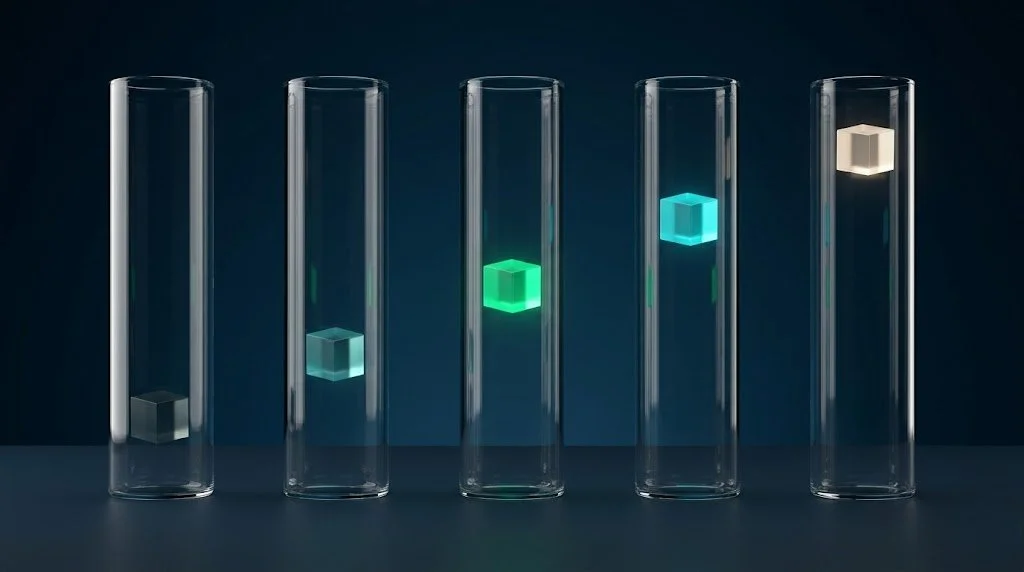 Five tall glass cylinders on a dark slate surface, each containing a single illuminated cube at a different vertical position, representing the progression of AI Readiness maturity from emergent to transformative across five elements.