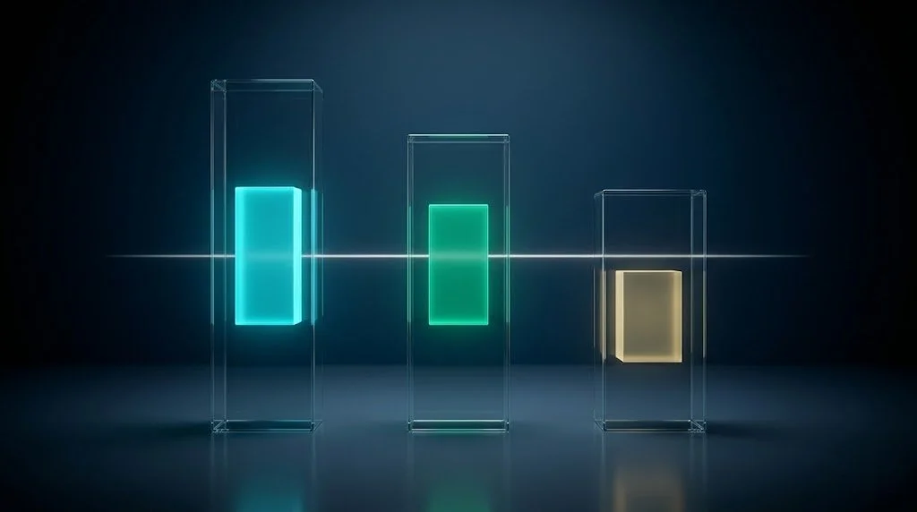 Three luminous glass columns showing 2025 B2B SaaS NRR median tiers: 118% Enterprise, 108% Mid-market, 97% SMB.