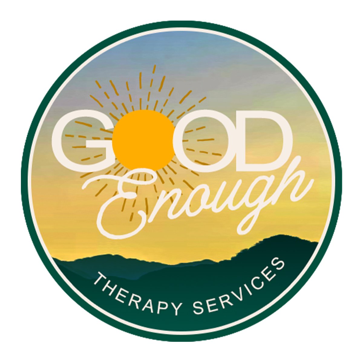 A logo for 'Good Enough Therapy Services' with a yellow sun, mountain silhouette, and a gradient sky background.