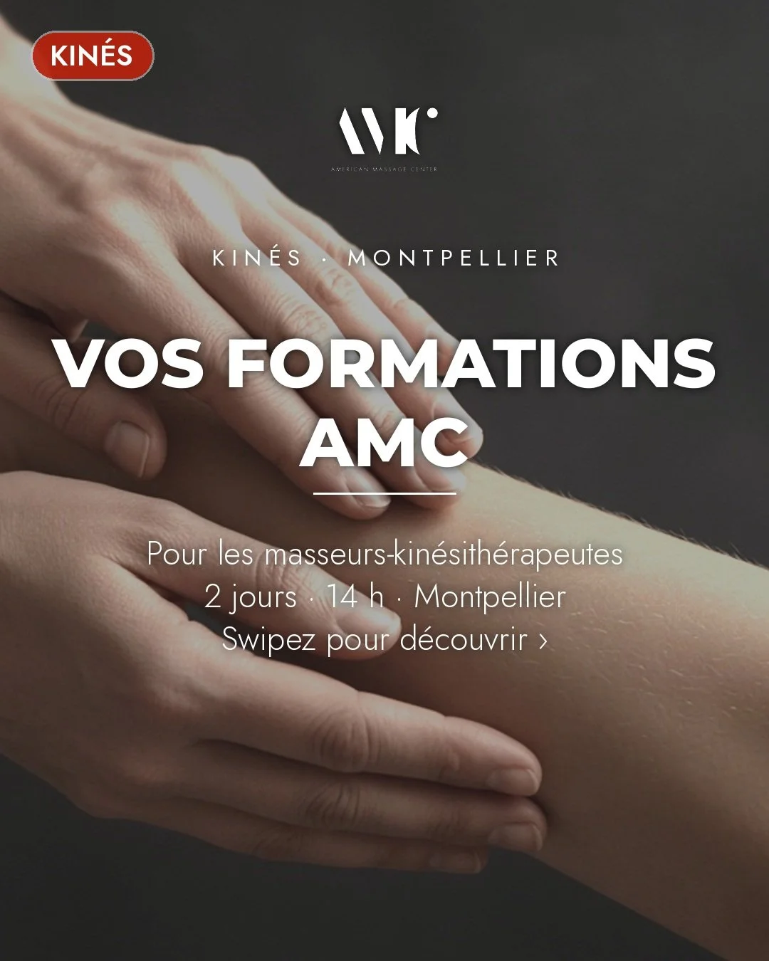 Kin&eacute;s, vos formations AMC &agrave; Montpellier, en un coup d'&oelig;il 👇

✅ Drainage lymphatique (2 jours, 14 h) : fondamentaux, pratique (bras, abdomen, jambes, dos, approche US), ergonomie, et comment int&eacute;grer et valoriser cette comp