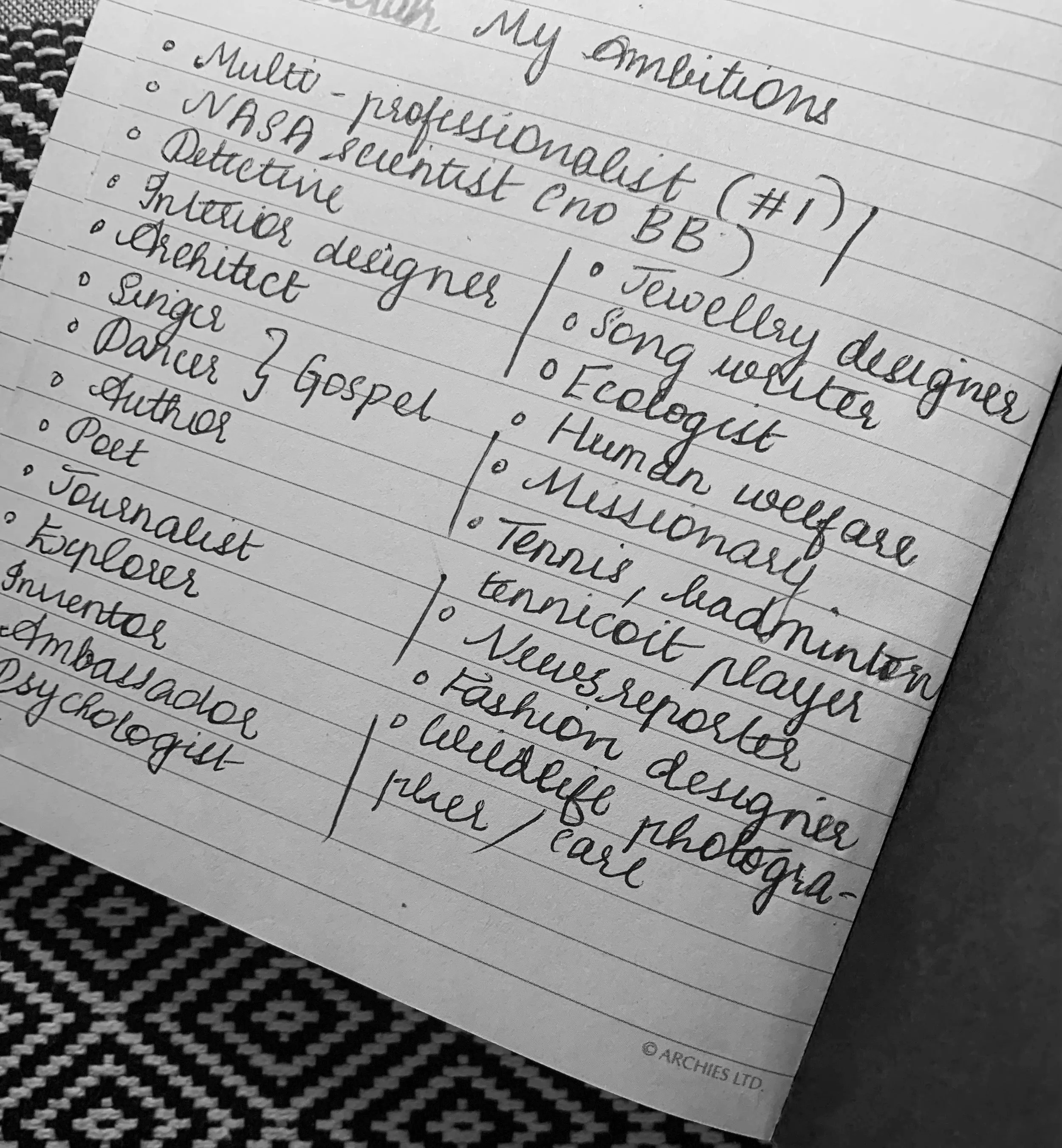 Handwritten list of personal ambitions and hobbies on lined paper, including interests in architecture, sports, fashion design, photography, and psychology.