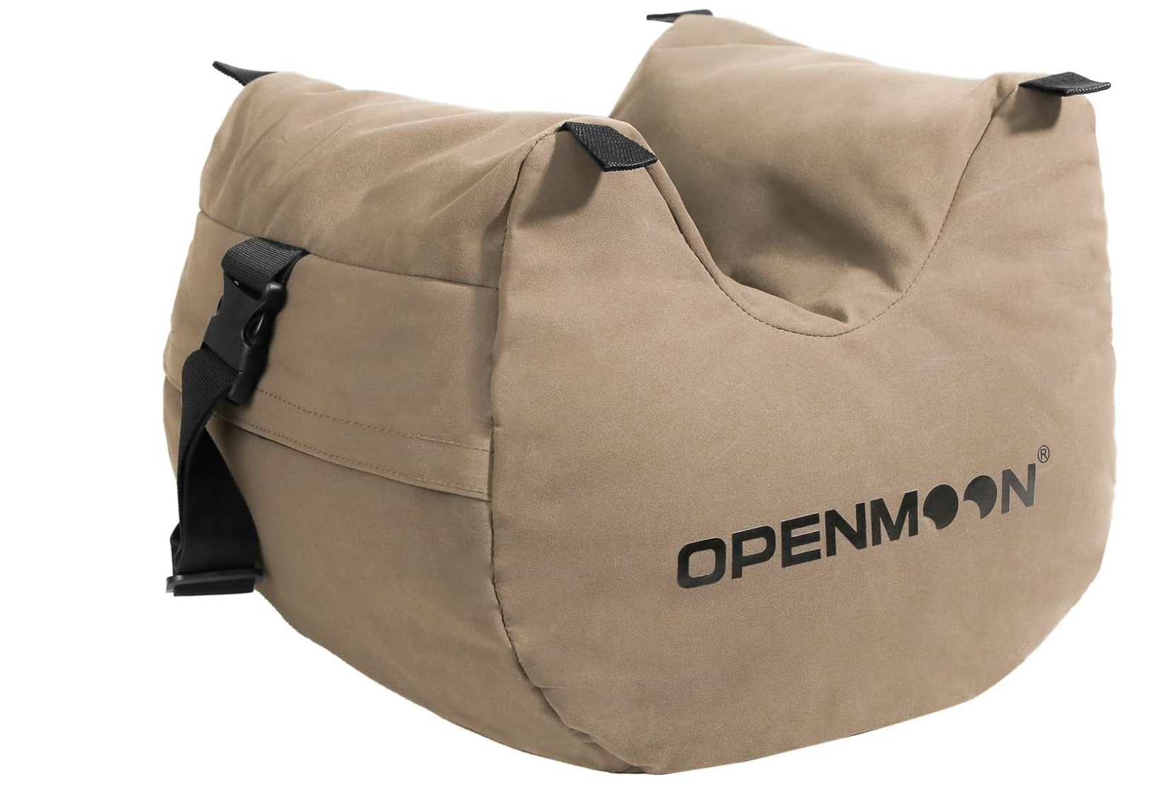 A tan duffel bag with black straps and a zipper, featuring the brand name 'OPENMOON' in black letters and a lunar phase logo.