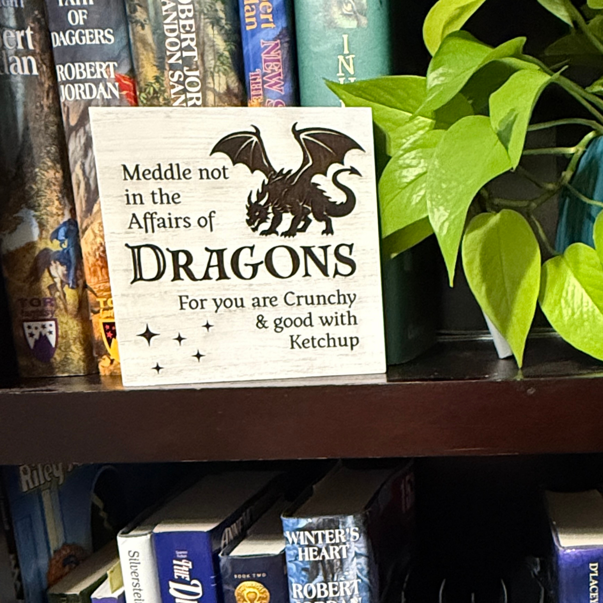 Close up of wooden meddle not in the affairs of dragons sign with dragon artwork displayed between books