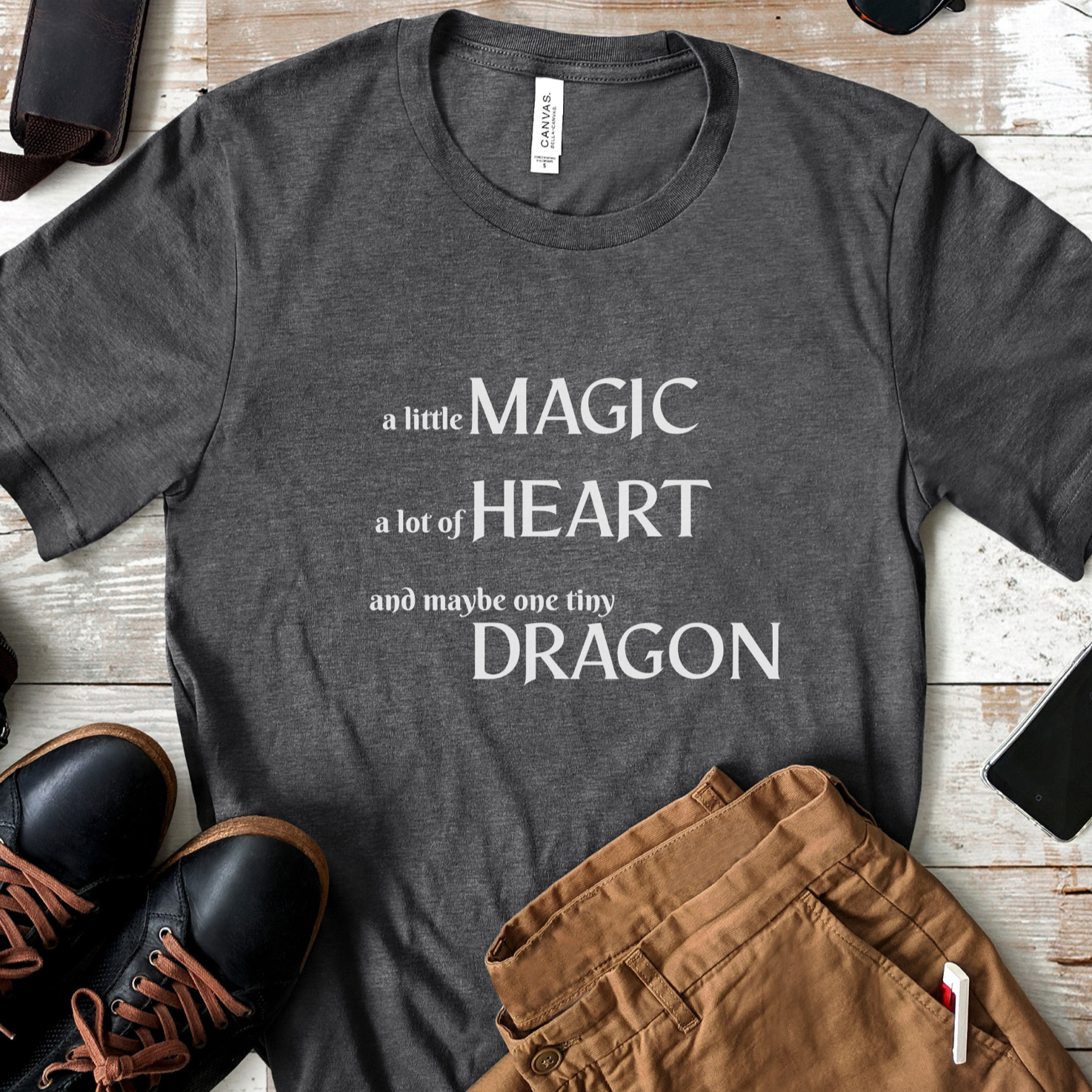 Fantasy Quote Shirt – A Little Magic A Lot of Heart Dragon Design – Nerdy Cute Dragon T Shirt
