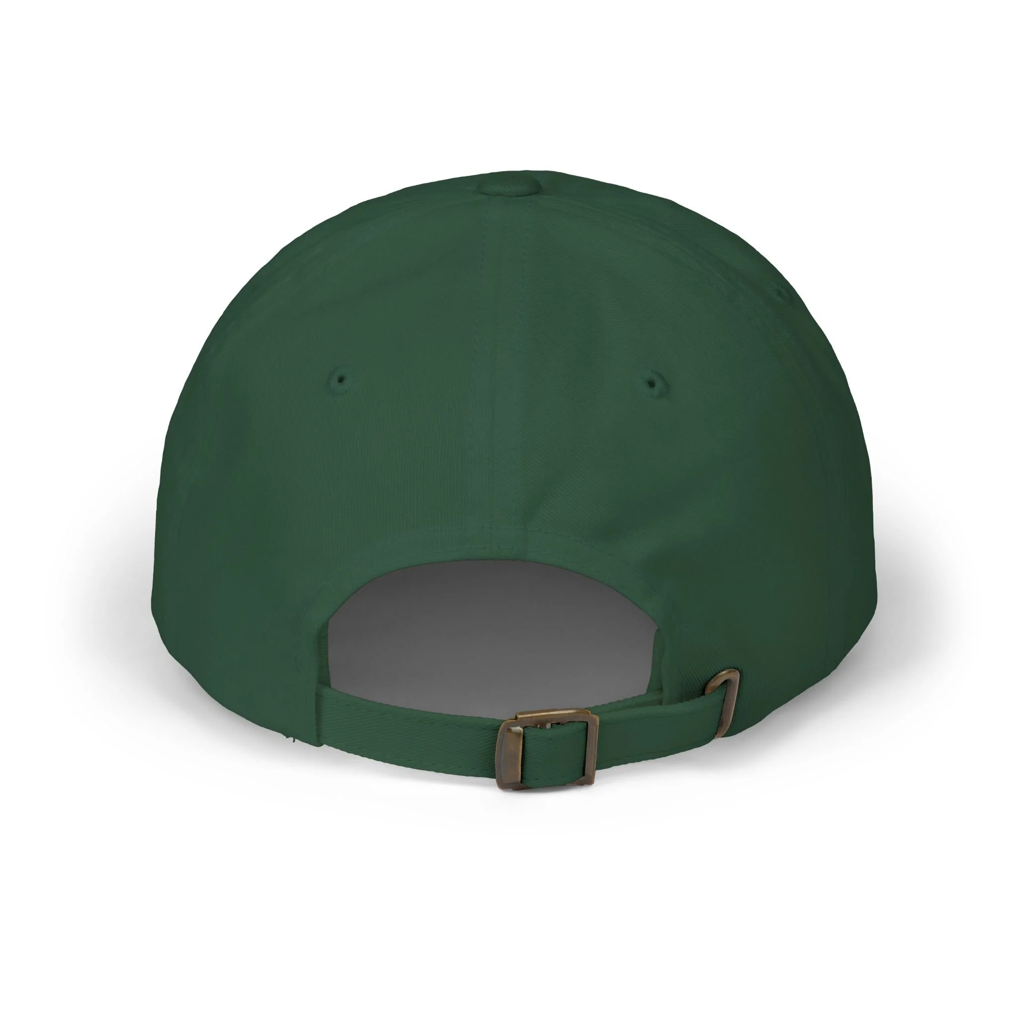 Back view of spruce green dad cap on white background with metal buckle adjustable strap.