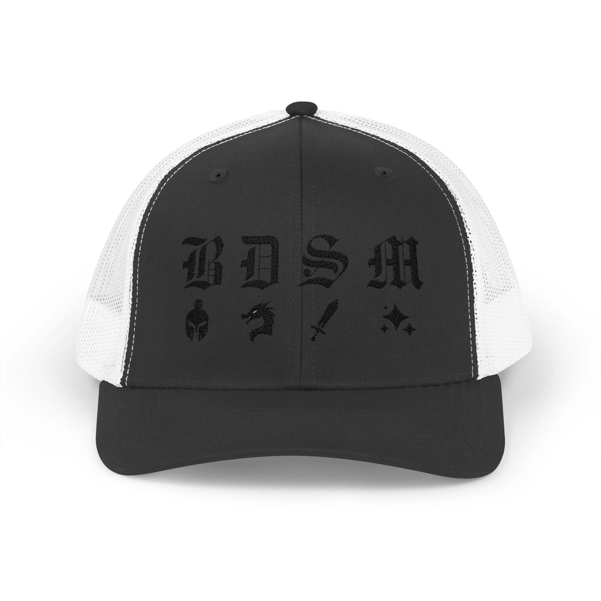 Front view of black and white embroidered trucker cap with “BDSM” gothic initials and matching fantasy icon set.