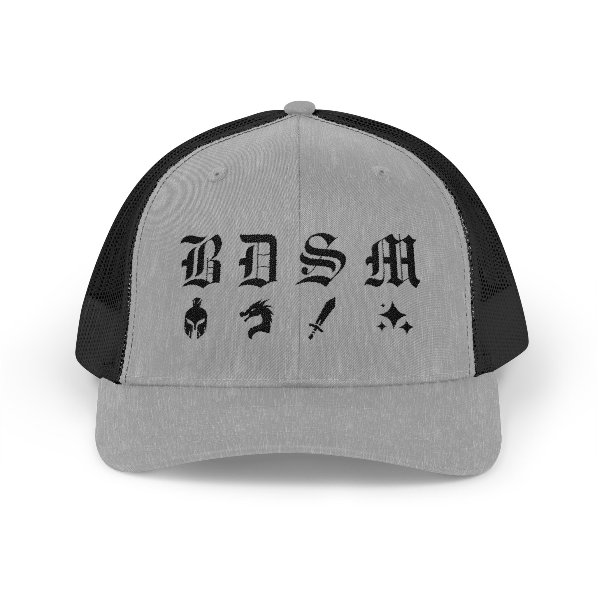 Angled front view of heather grey and black embroidered trucker cap showing “BDSM” initials and icons.