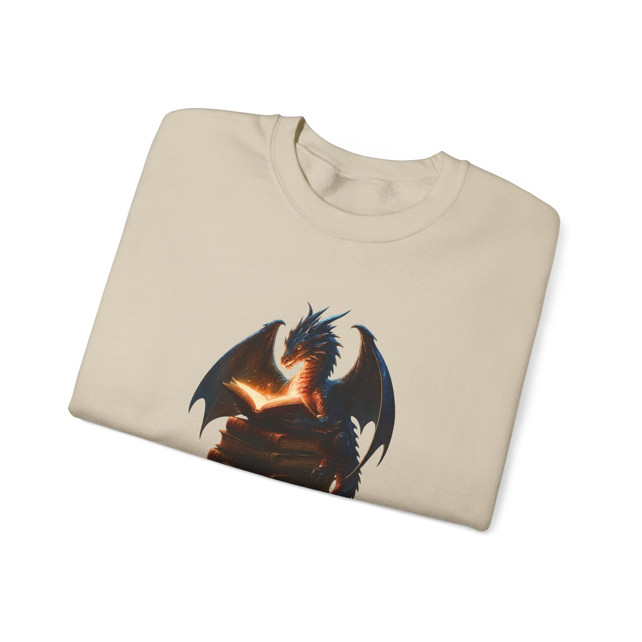 Sand color crewneck sweatshirt with glowing reading dragon design folded flat.