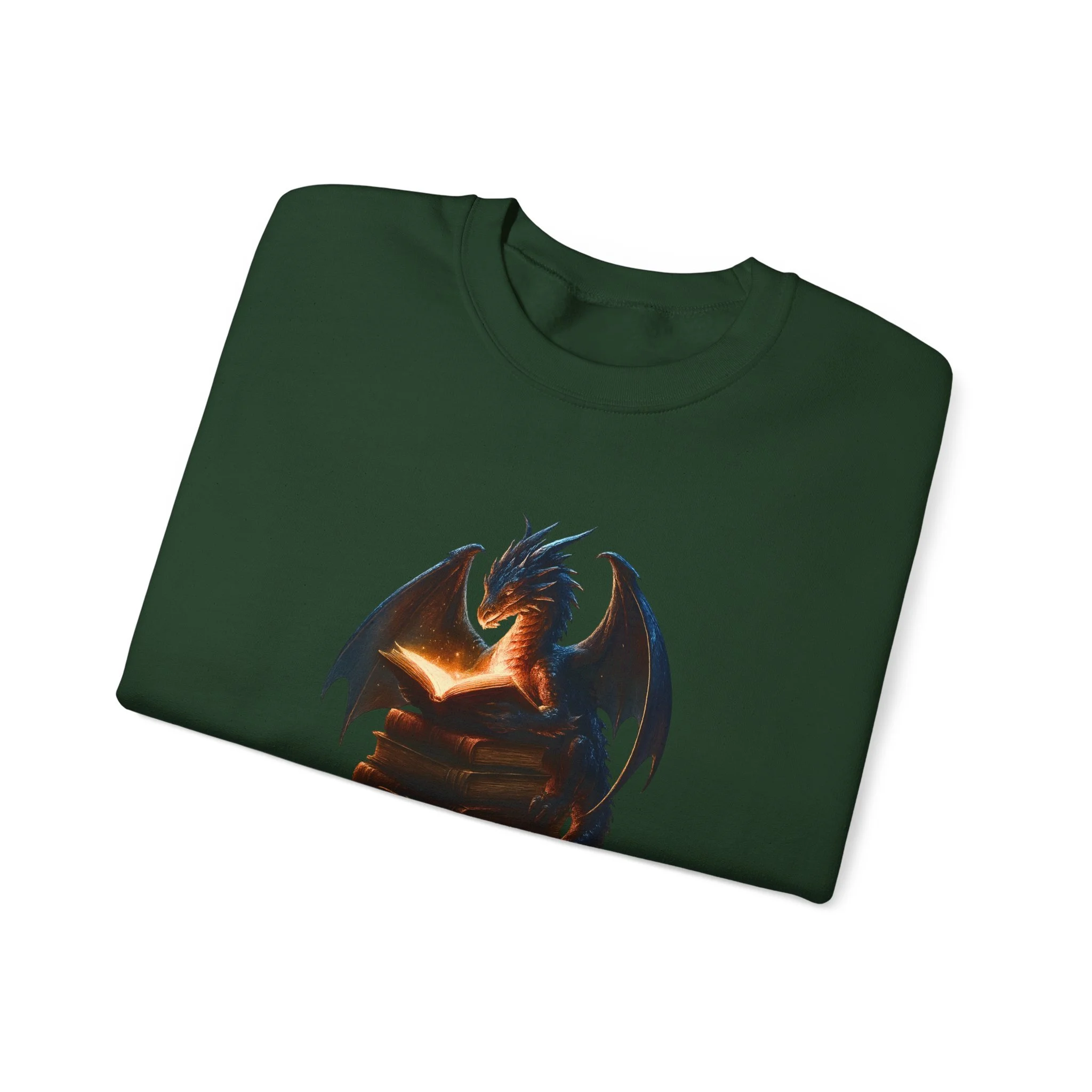 Forest green crewneck sweatshirt with vibrant reading dragon illustration folded flat.