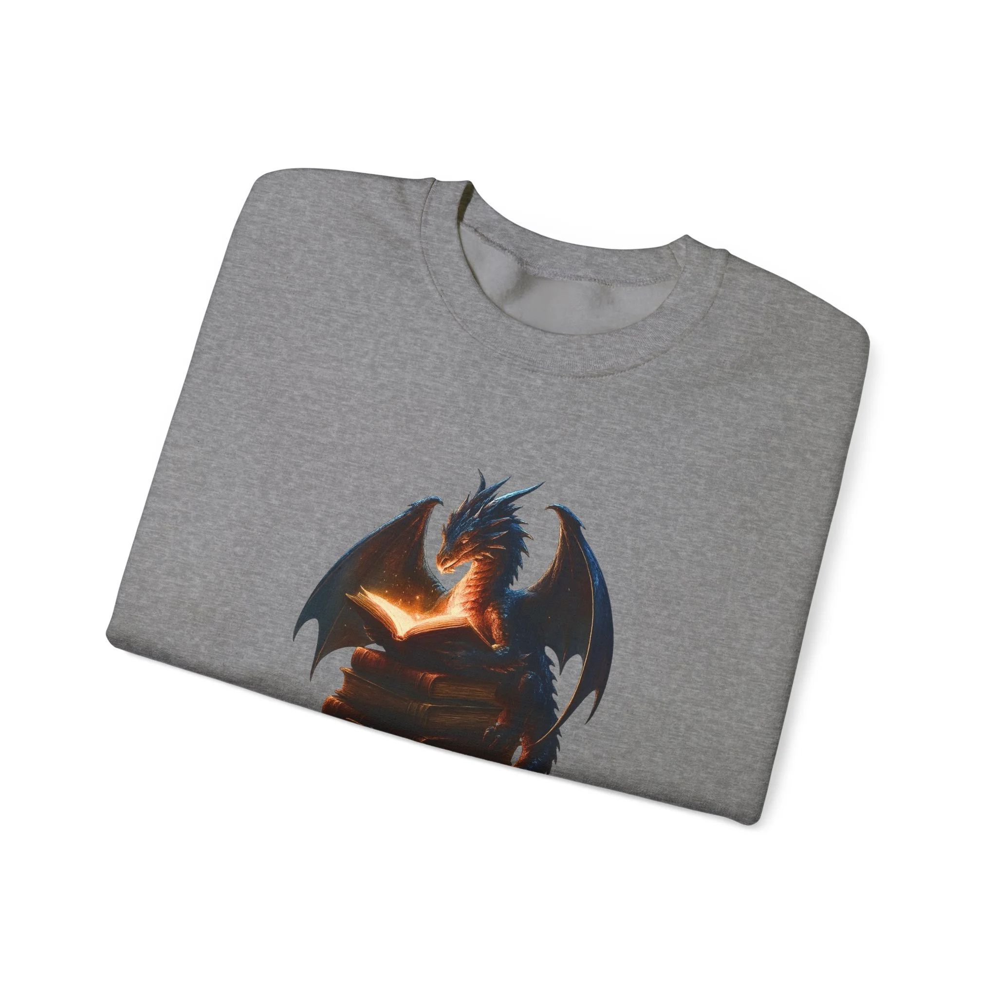 Sport grey crewneck sweatshirt featuring glowing reading dragon artwork folded flat.