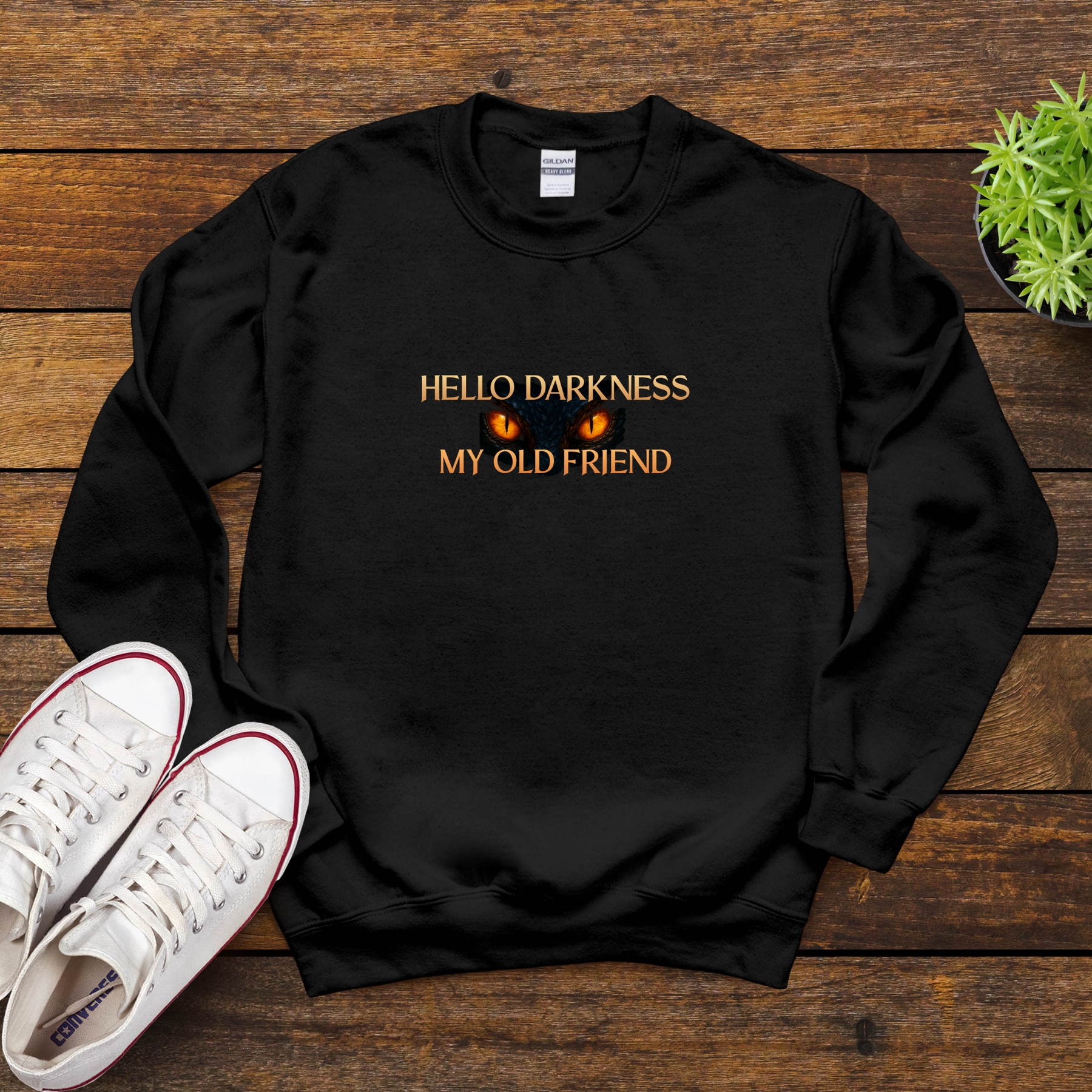 Hello Darkness My Old Friend Dragon Eyes Sweatshirt – Cozy Fantasy Crewneck for Dragon Lovers