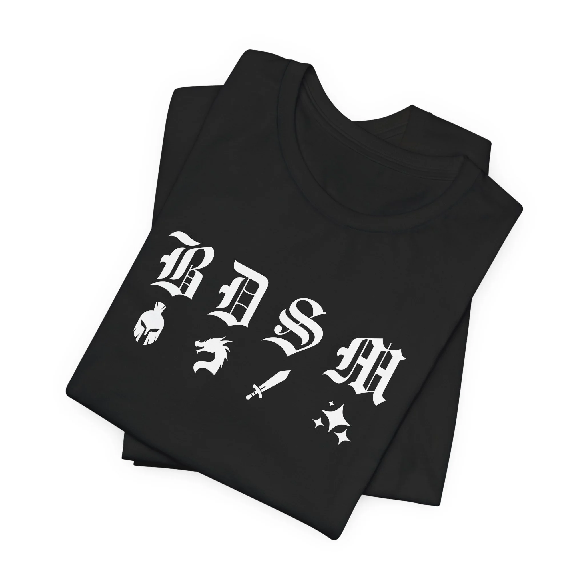 Folded black t-shirt with white fantasy BDSM design featuring helmet, dragon, sword, and sparkles