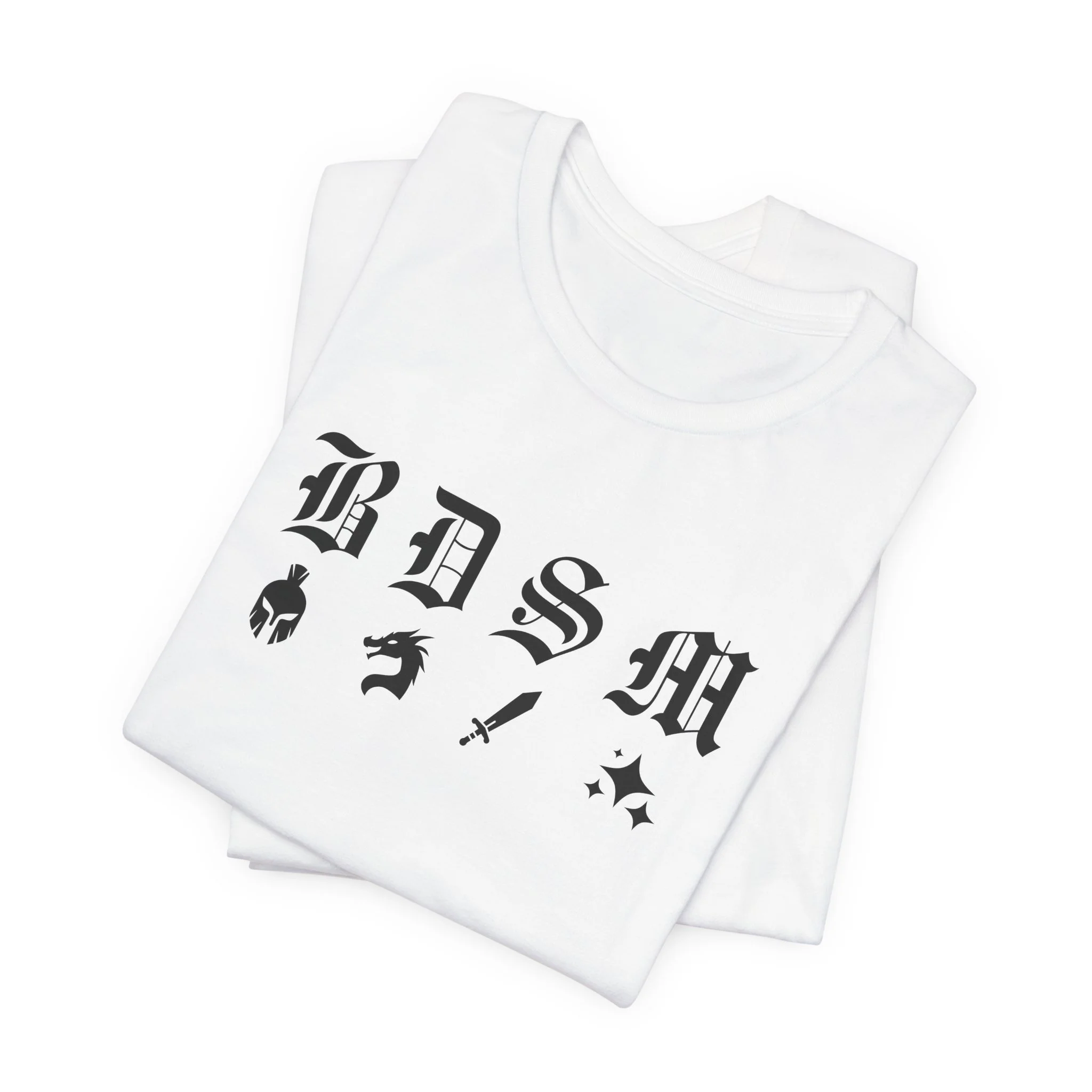 Folded white t-shirt with black fantasy BDSM lettering and matching icons