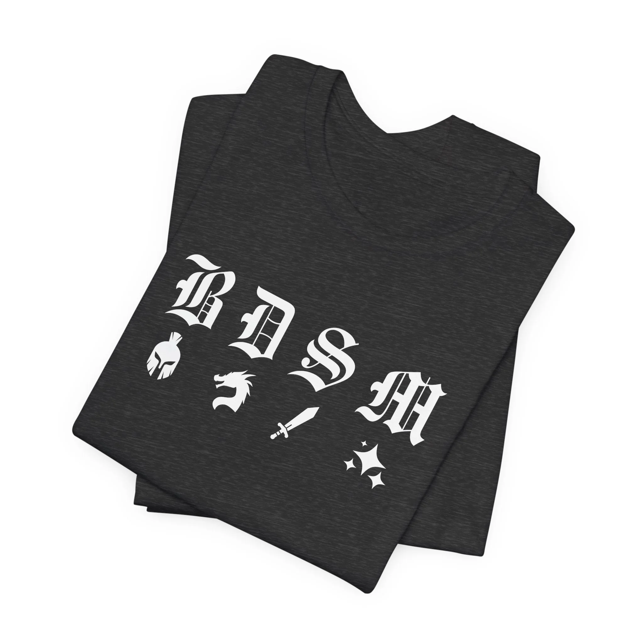 Folded dark heather gray t-shirt with white fantasy BDSM text and symbols