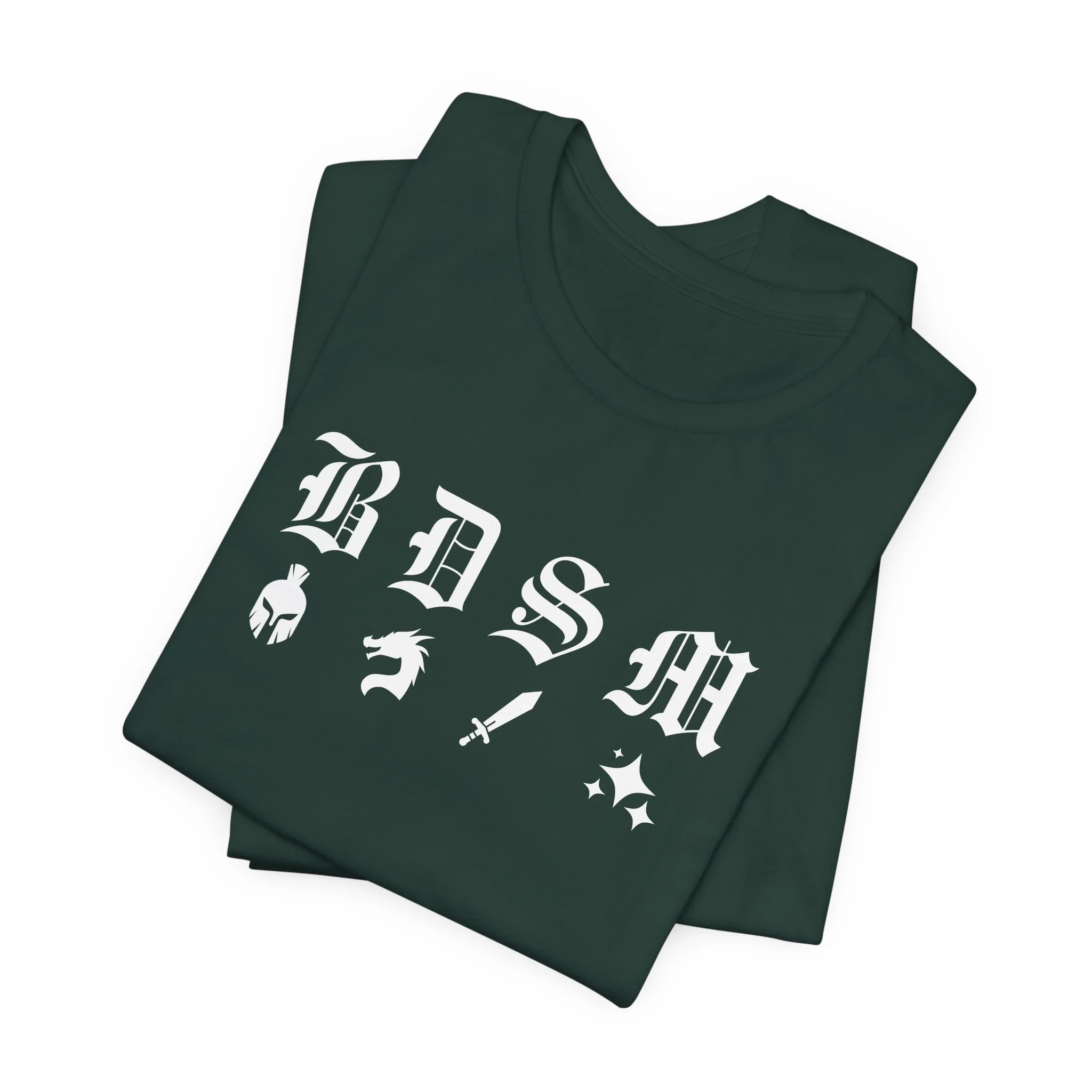 Folded forest t-shirt with white fantasy BDSM text and symbols