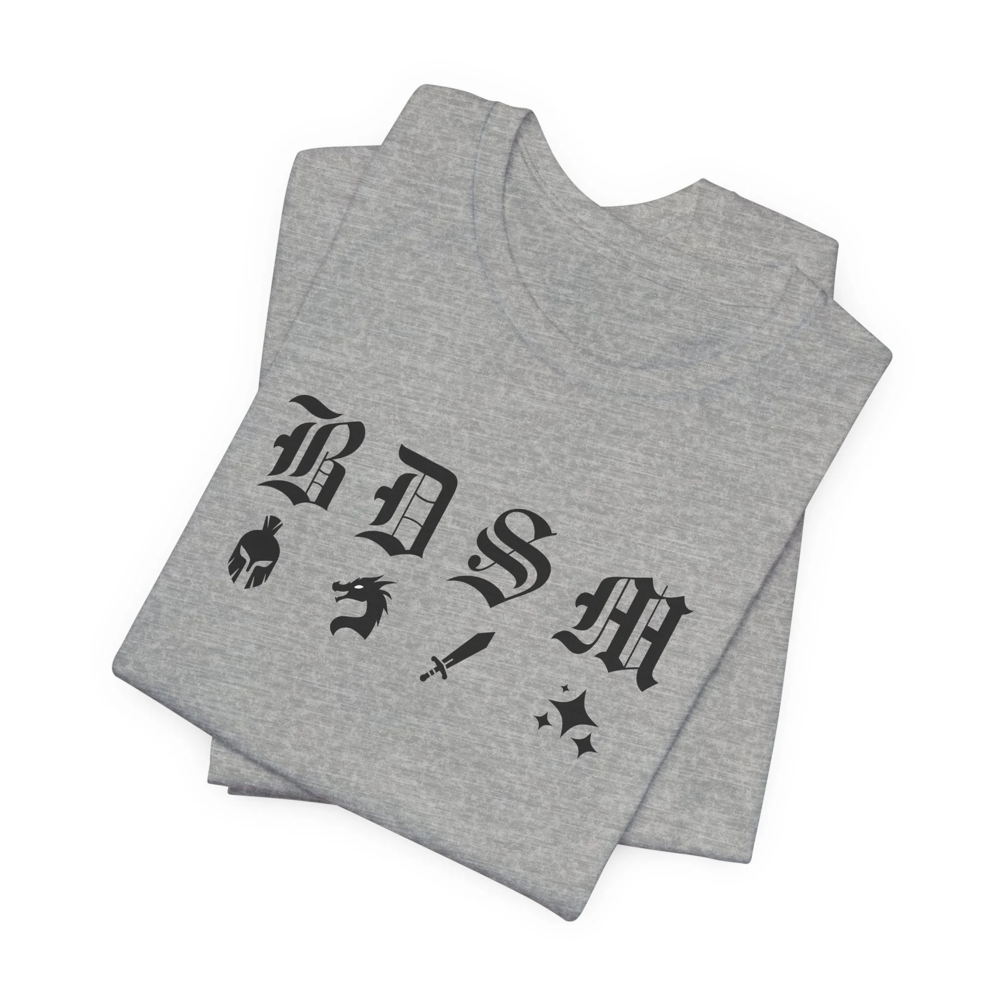 Folded athletic heather t-shirt with black fantasy BDSM lettering and matching icons
