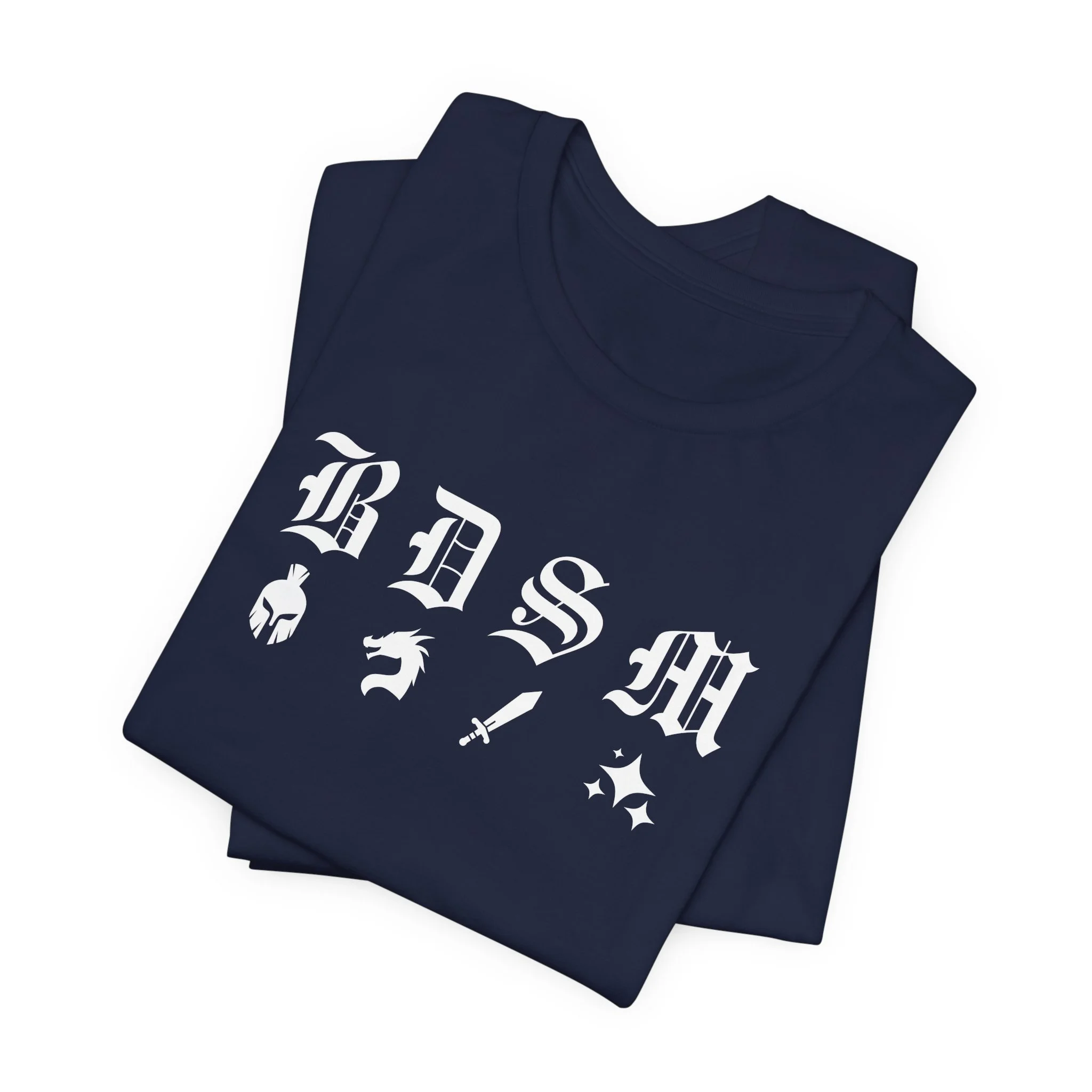 Folded navy t-shirt with white fantasy BDSM design featuring helmet, dragon, sword, and sparkles