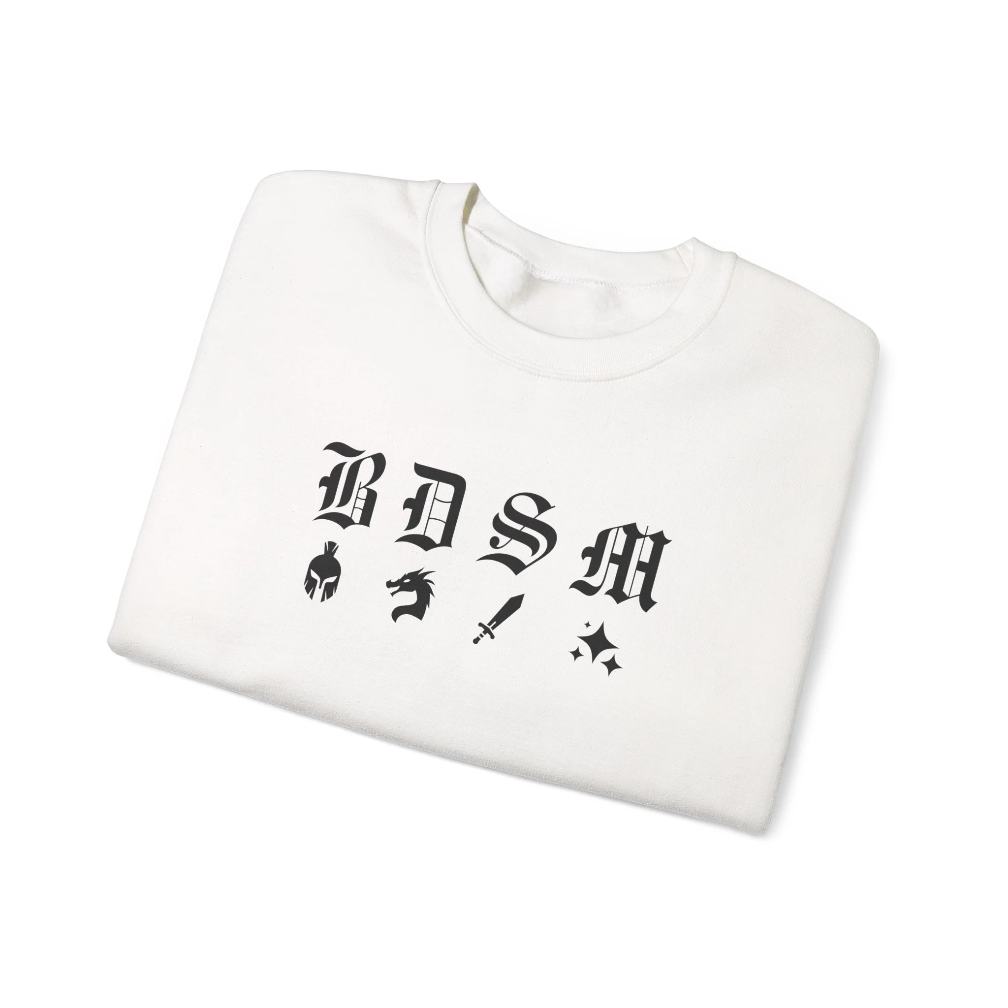 Folded white fantasy B D S M sweatshirt with black gothic letters and warrior symbols.