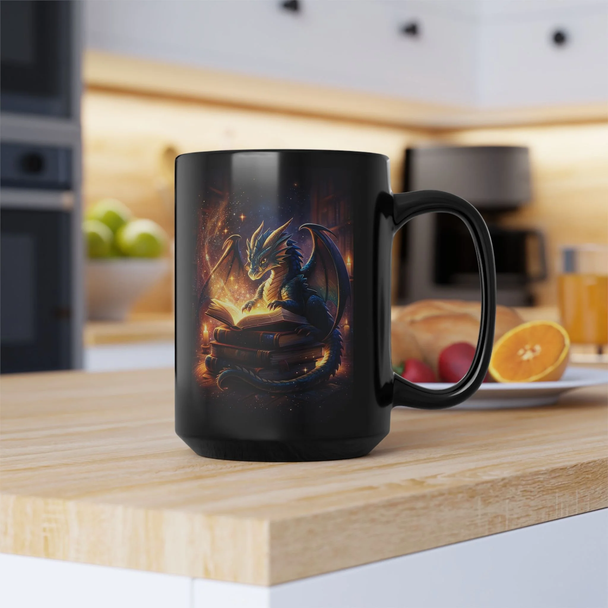 Kitchen counter view of black ceramic mug featuring a blue dragon reading atop glowing books