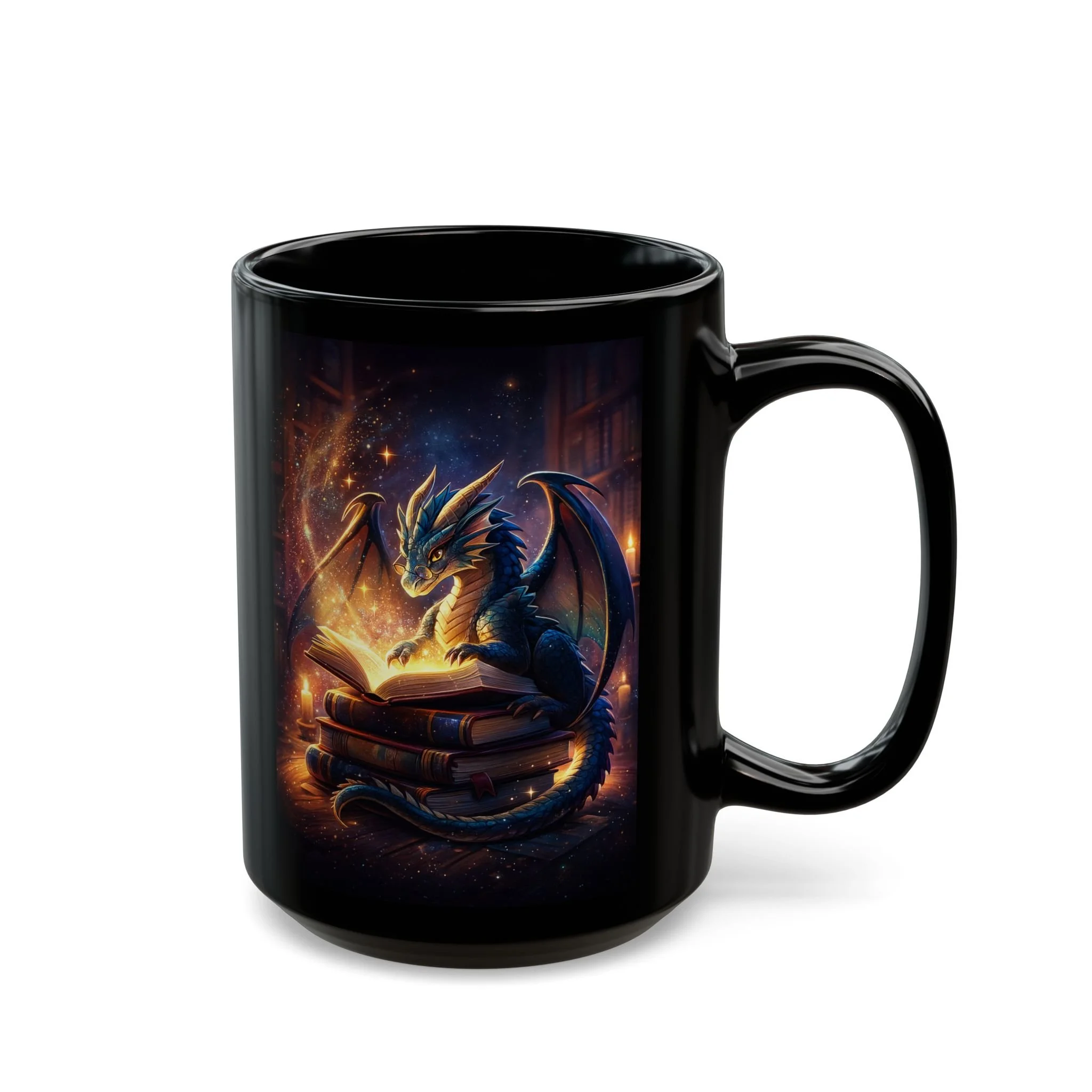 Black ceramic mug with full dragon reading illustration displayed on white background