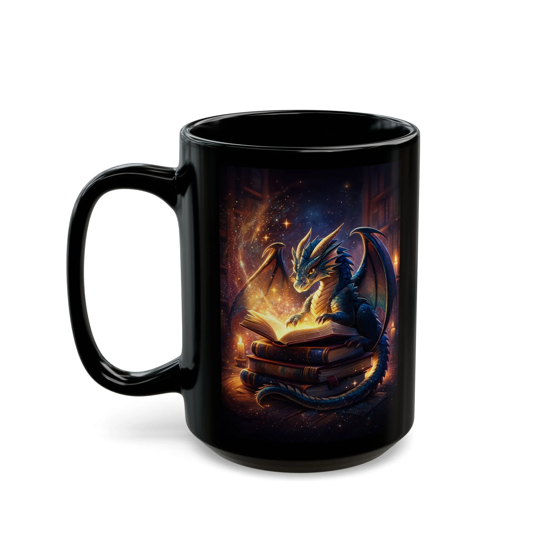 Front view of black fantasy mug with blue dragon reading an illuminated book