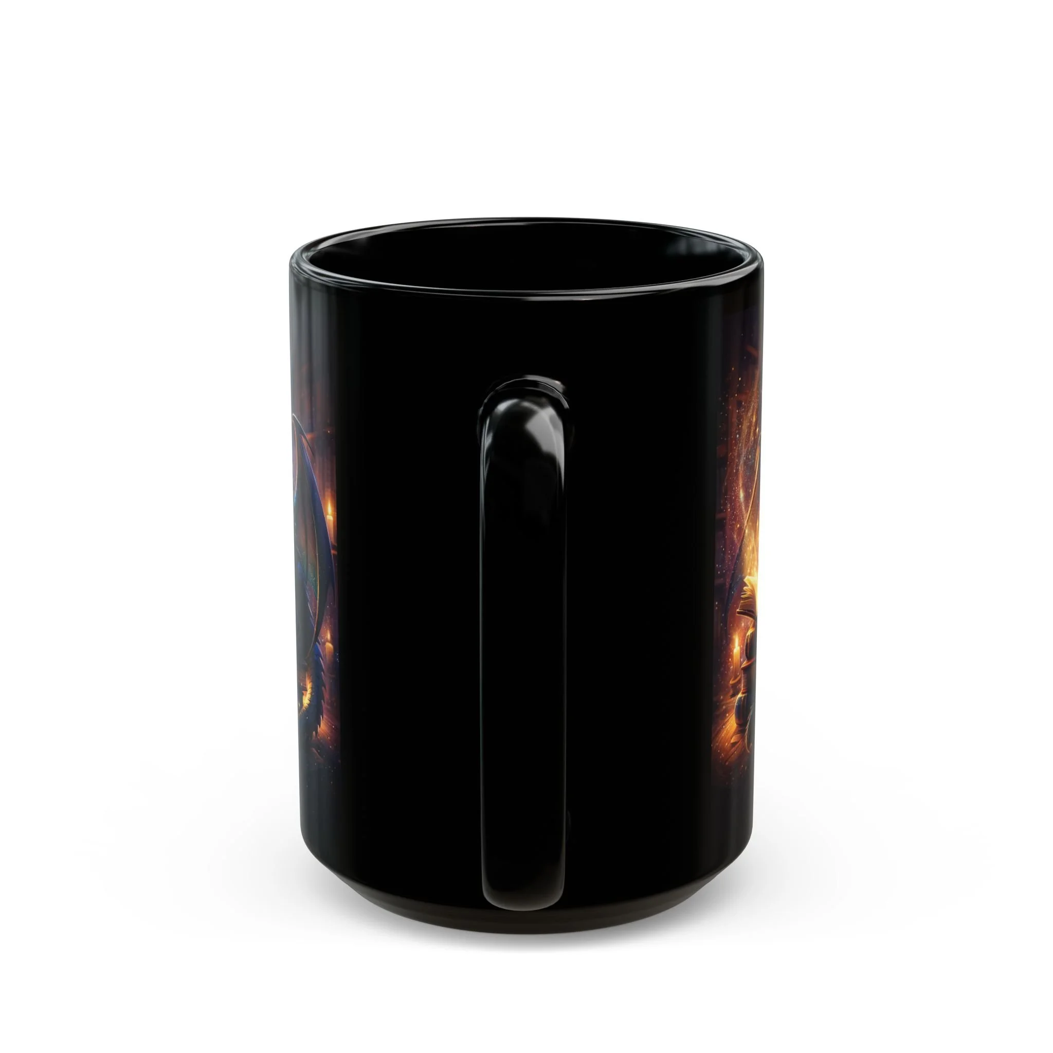 Back view of black mug with dark glossy finish and partial fantasy dragon design