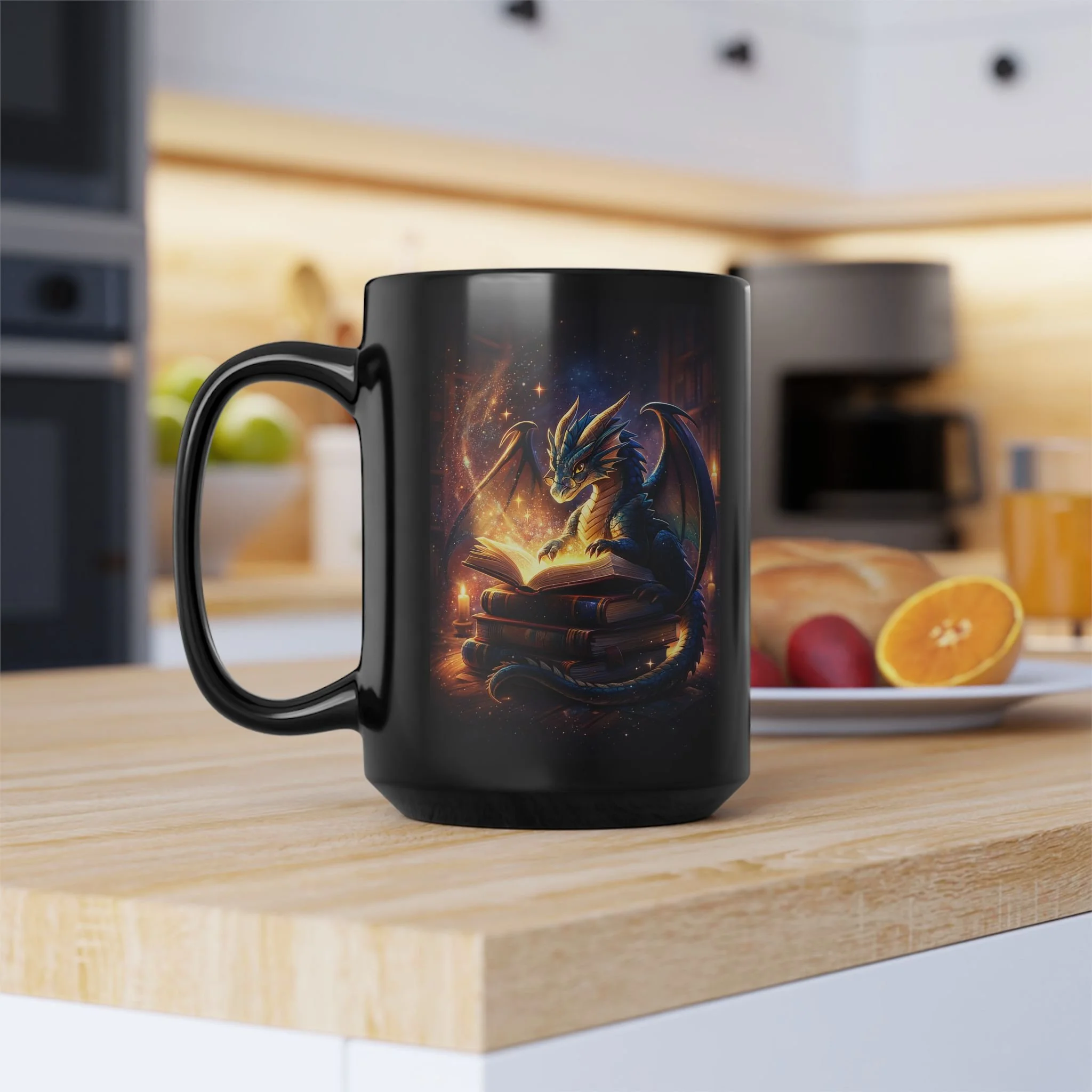 Black dragon reading mug on a wooden kitchen counter with glowing ember artwork