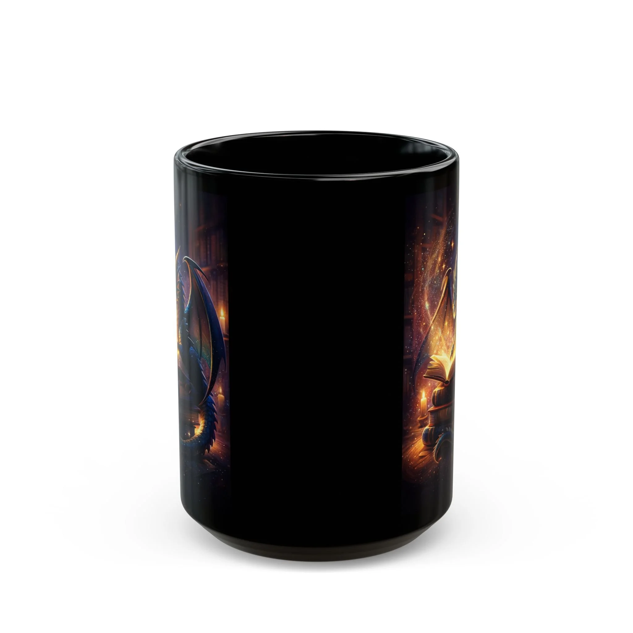 Side view of black ceramic mug showing wraparound glowing dragon artwork