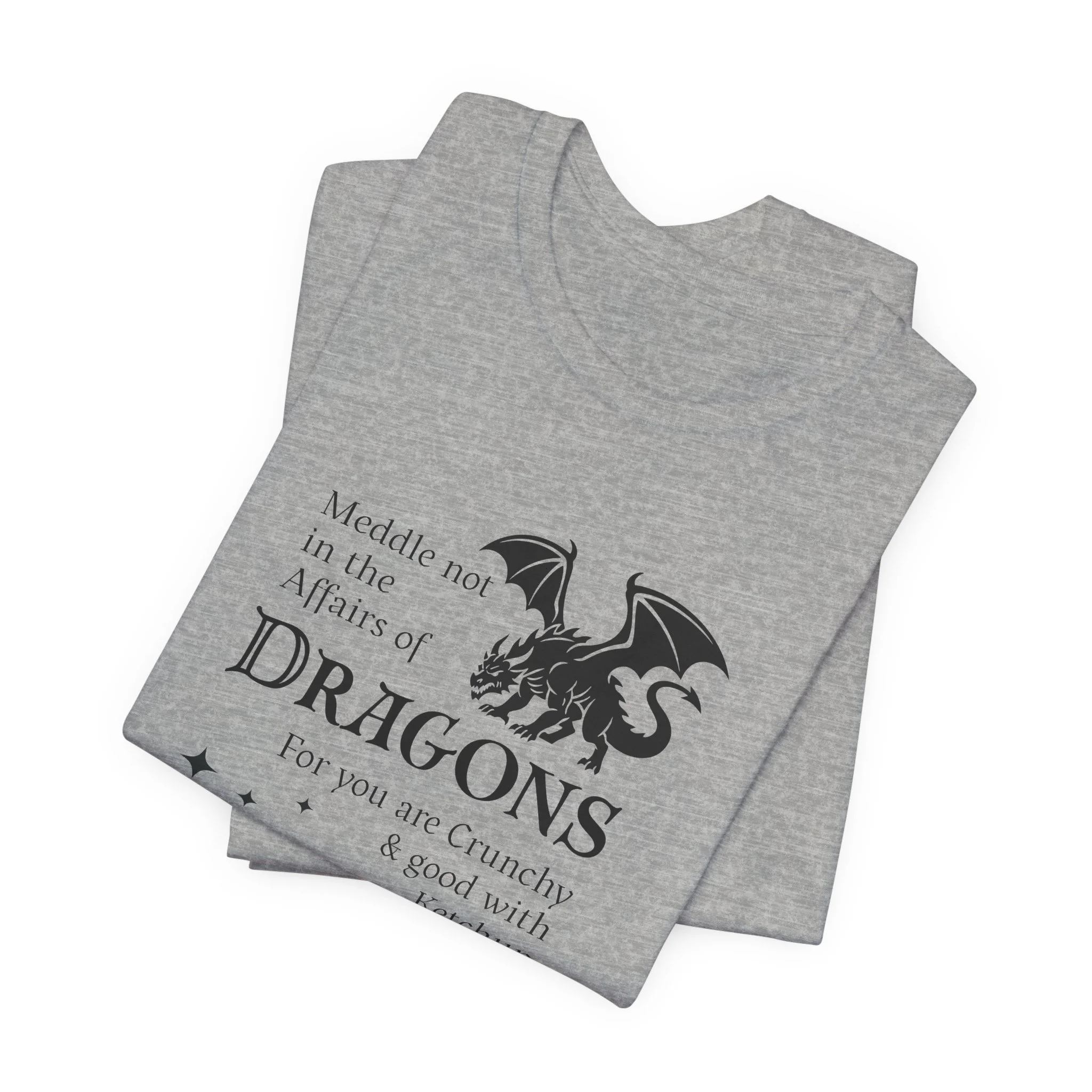 Folded athletic heather gray dragon quote t-shirt with black dragon graphic and star details.