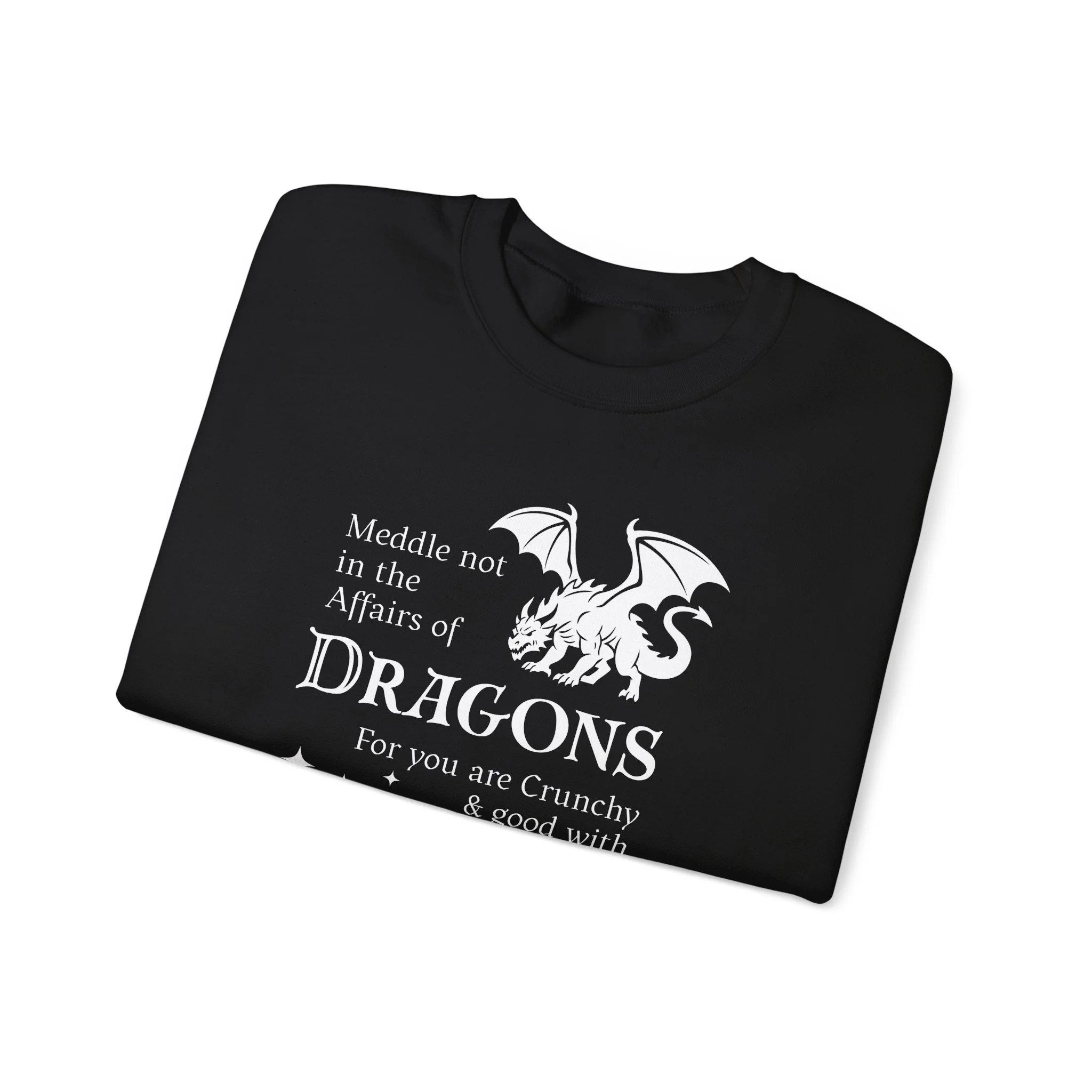 Black crewneck sweatshirt folded flat with white dragon graphic and fantasy text design.